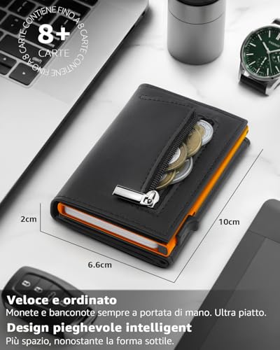 Detalle de TEEHON Portafoglio Uomo Slim con Protezione RFID in Pelle, Portacarte Compatto, Bi‐Ante con Scomparti e Portamonete – Nero e Arancione