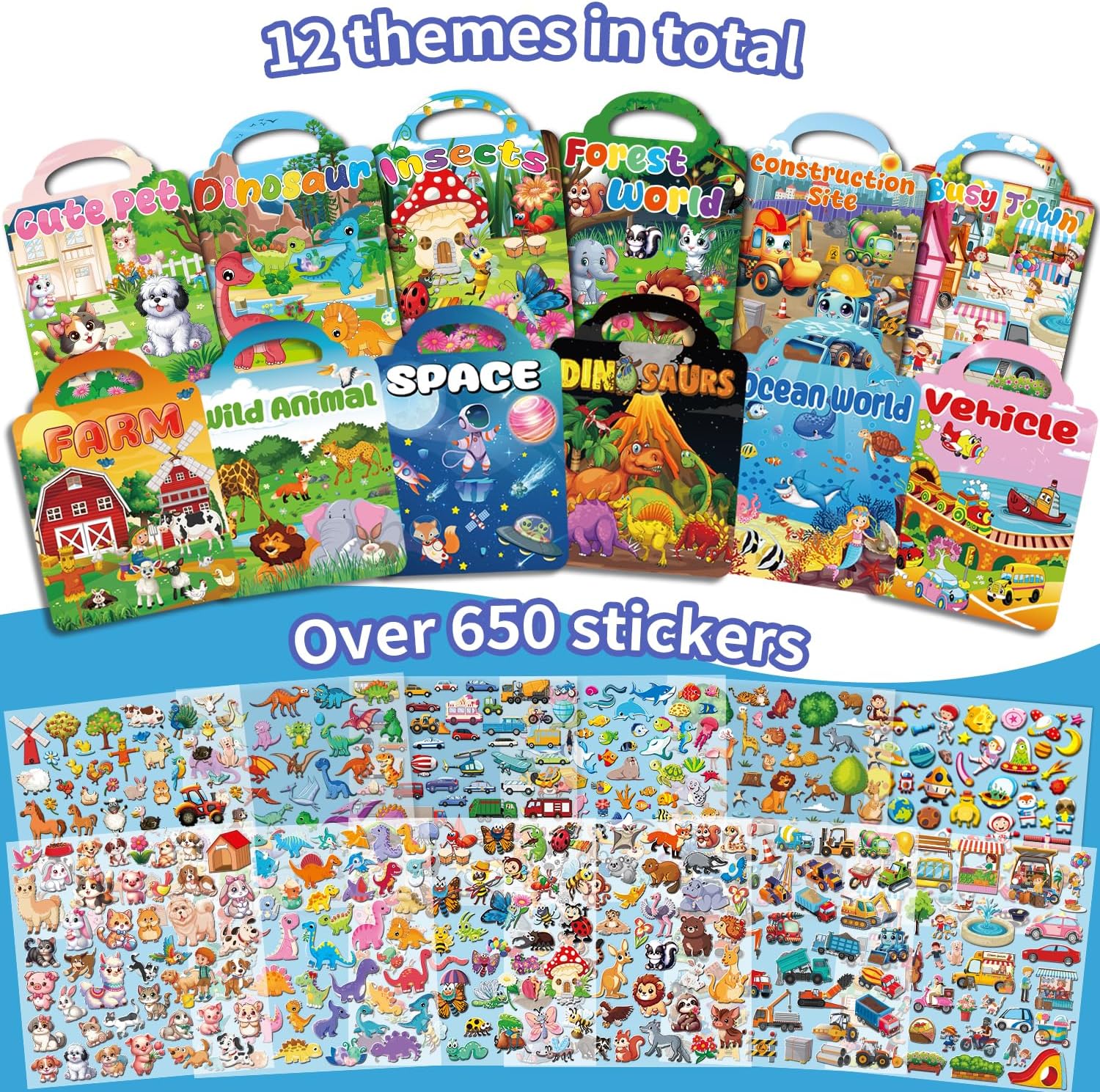 Detalle de Kalysky 12 Set (650pcs) Reusable Sticker Books for Toddlers 2-4 to 5: Packed with 3D HD Reusable Stickers