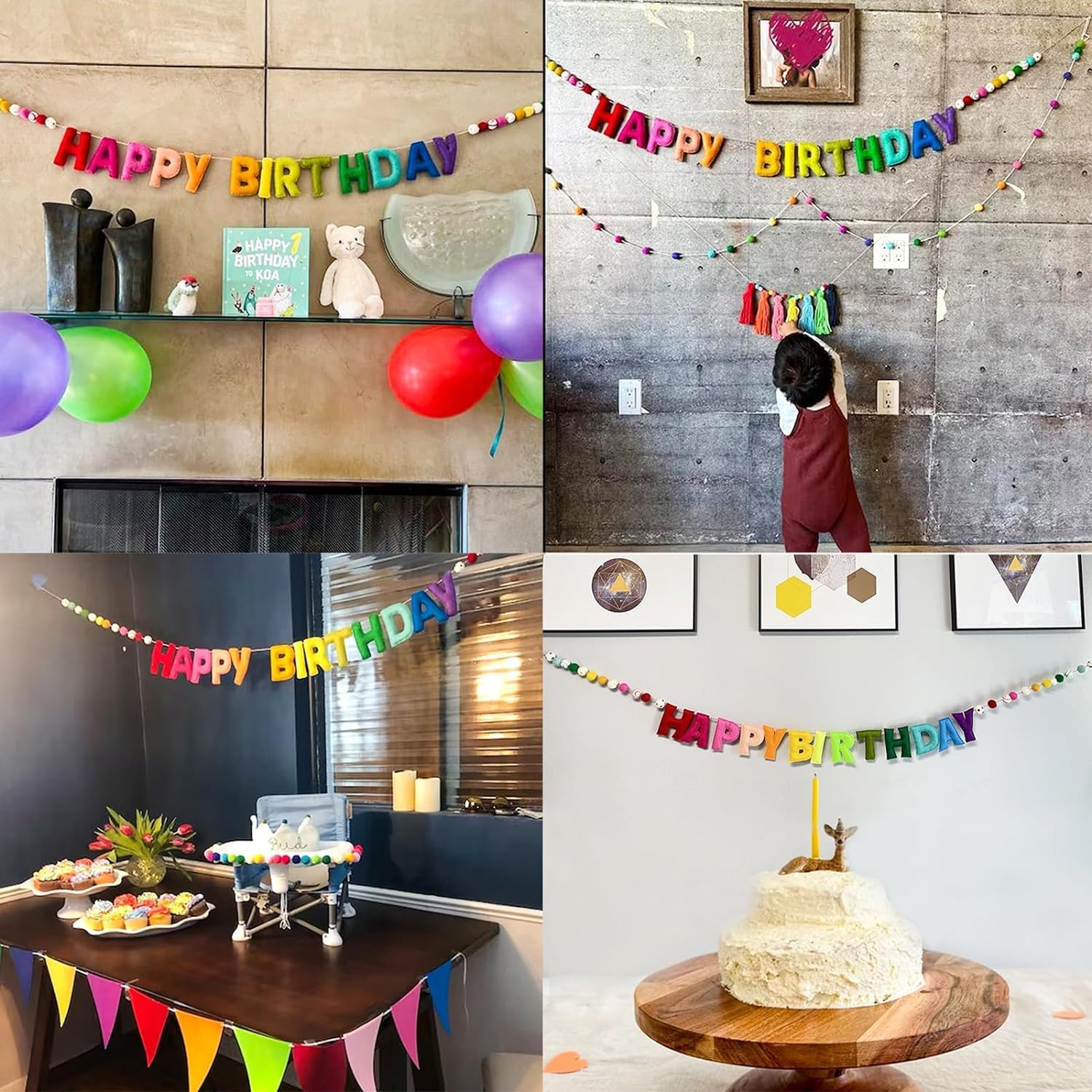 Detalle de Pre-Strung Happy Birthday Banner - Felt Ball Garland (Red) – Rainbow Themed, Ready to Hang