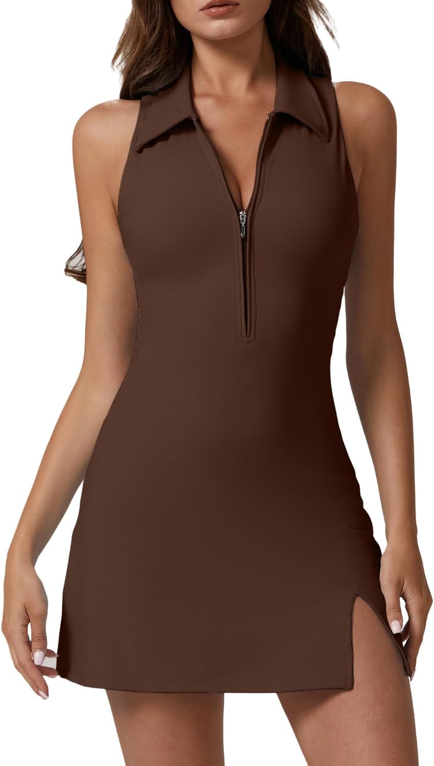 Thumbnail 6 de QINSEN Women's Zip Front Tennis Dress with Built-in Shorts and Pockets