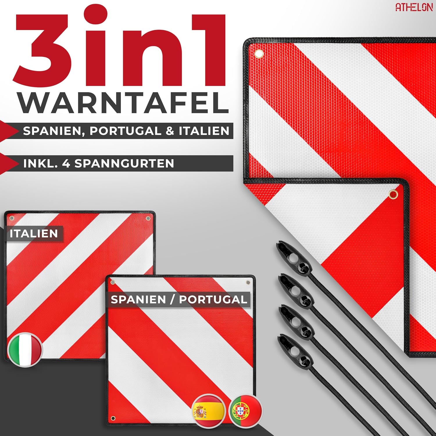 Detalle 2 de ATHELON 3in1 Warntafel für Italien, Spanien & Portugal – Reflektierendes Warnschild mit 4 Spanngurten