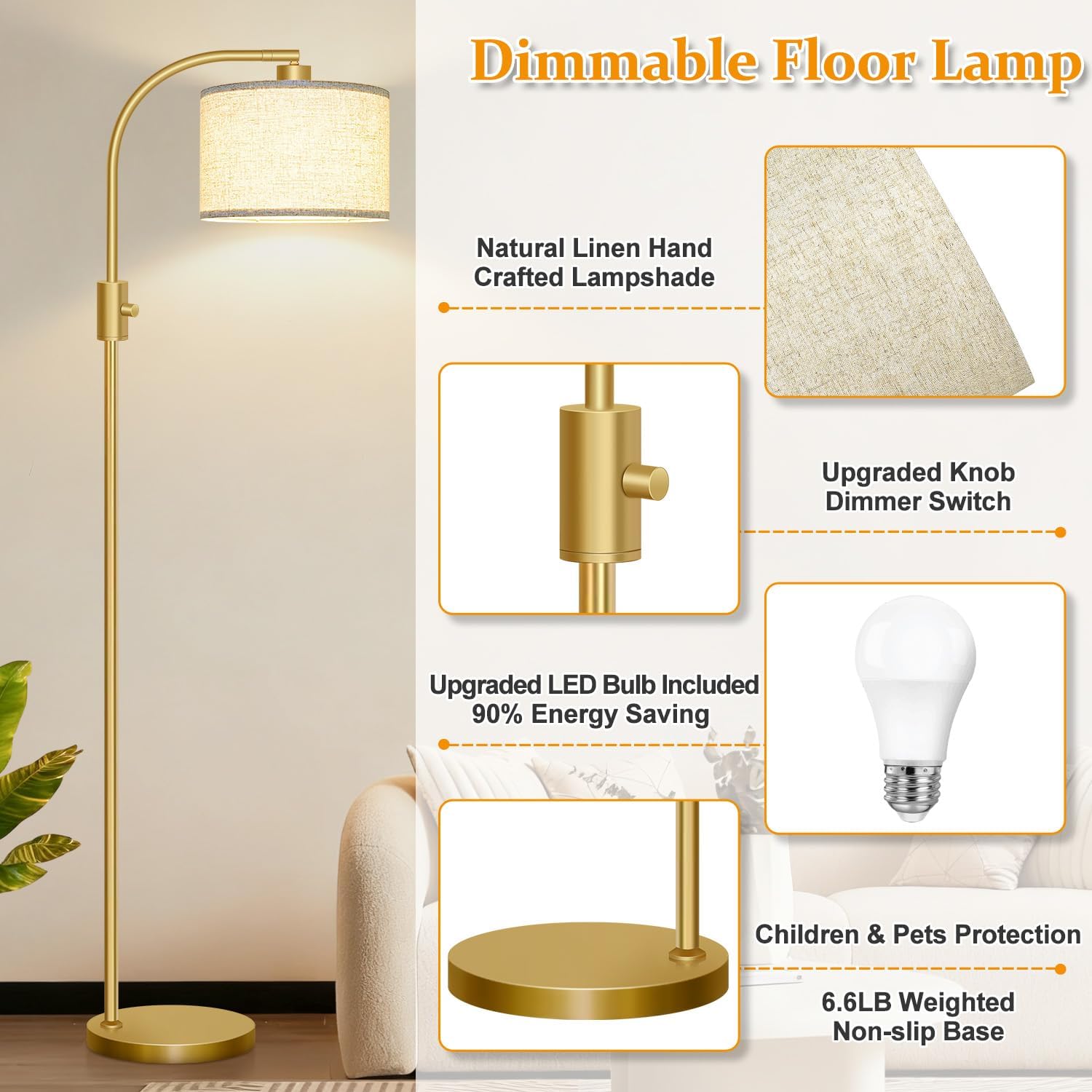 Detalle de Nintiue F1599 Arc Floor Lamp, 65-Inch, Dimmable with Linen Shade
