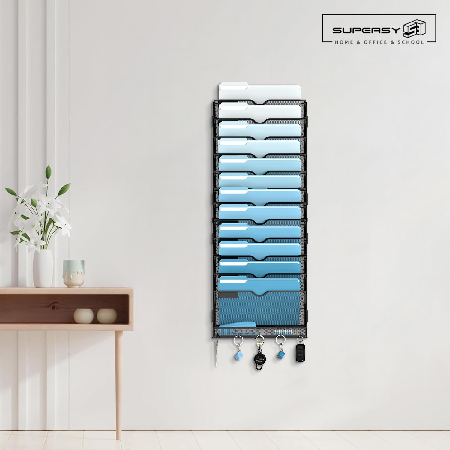 Detalle 2 de SUPEASY 13-Tier Black Hanging Wall File Organizer with Hooks, Metal Mesh
