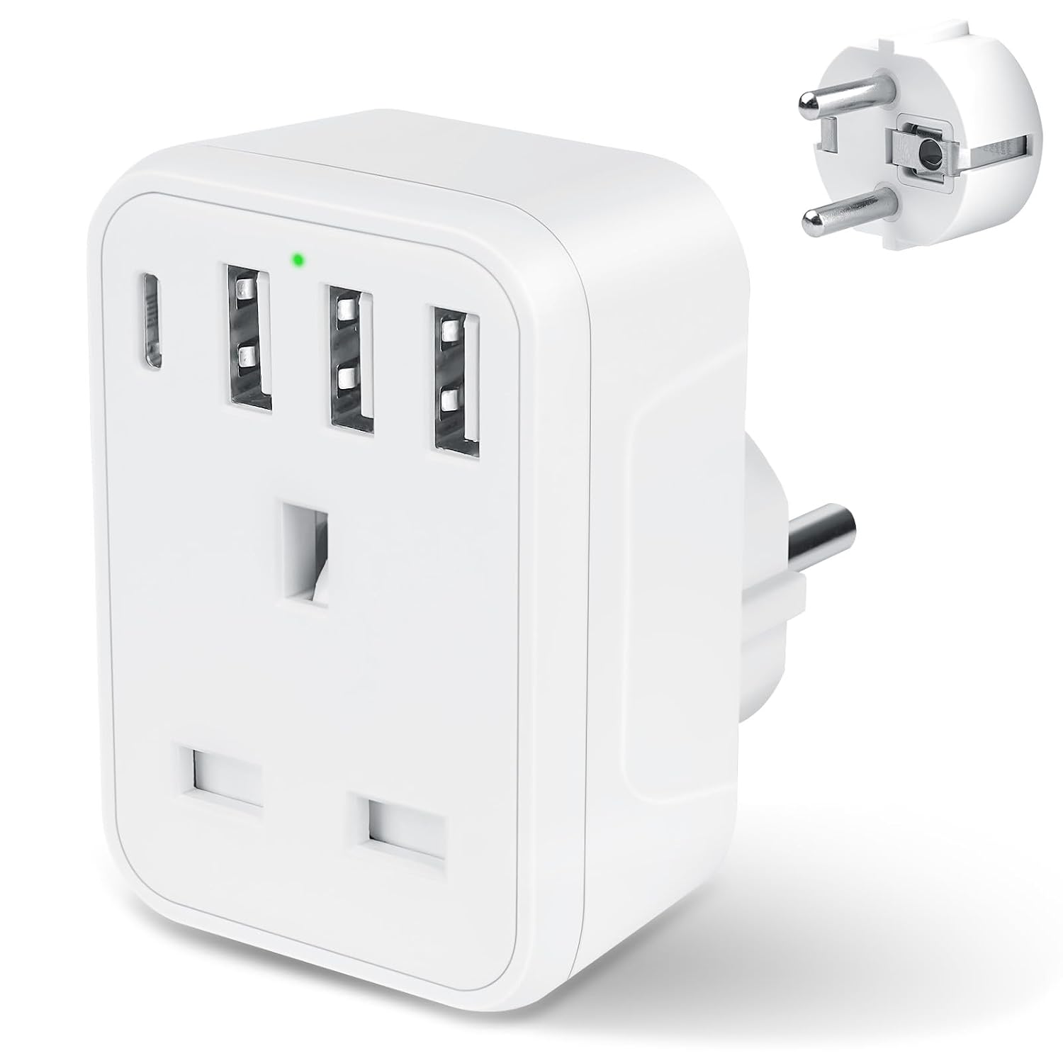 Detalle de Herfair UK to European Travel Plug Adaptor (Schuko Type E/F) with 3x USB-A and 1x USB-C