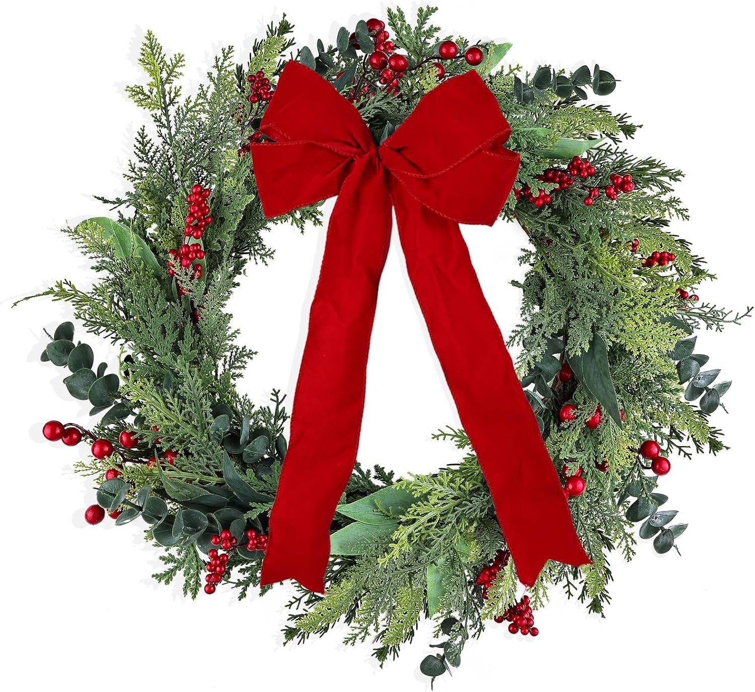 Detalle de 60cm Artificial Christmas Wreath for Front Door with Eucalyptus Leaves, Red Berries & Velvet Bow