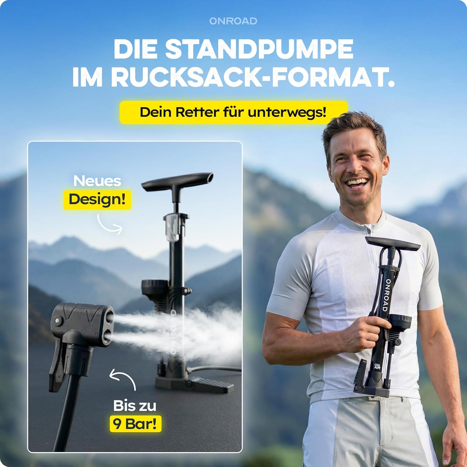 Detalle 2 de ON‑AIR Fahrradpumpe für alle Ventile (Presta/SV, AV, DV) – Standluftpumpe mit großem Manometer, Adapter & Ballnadel