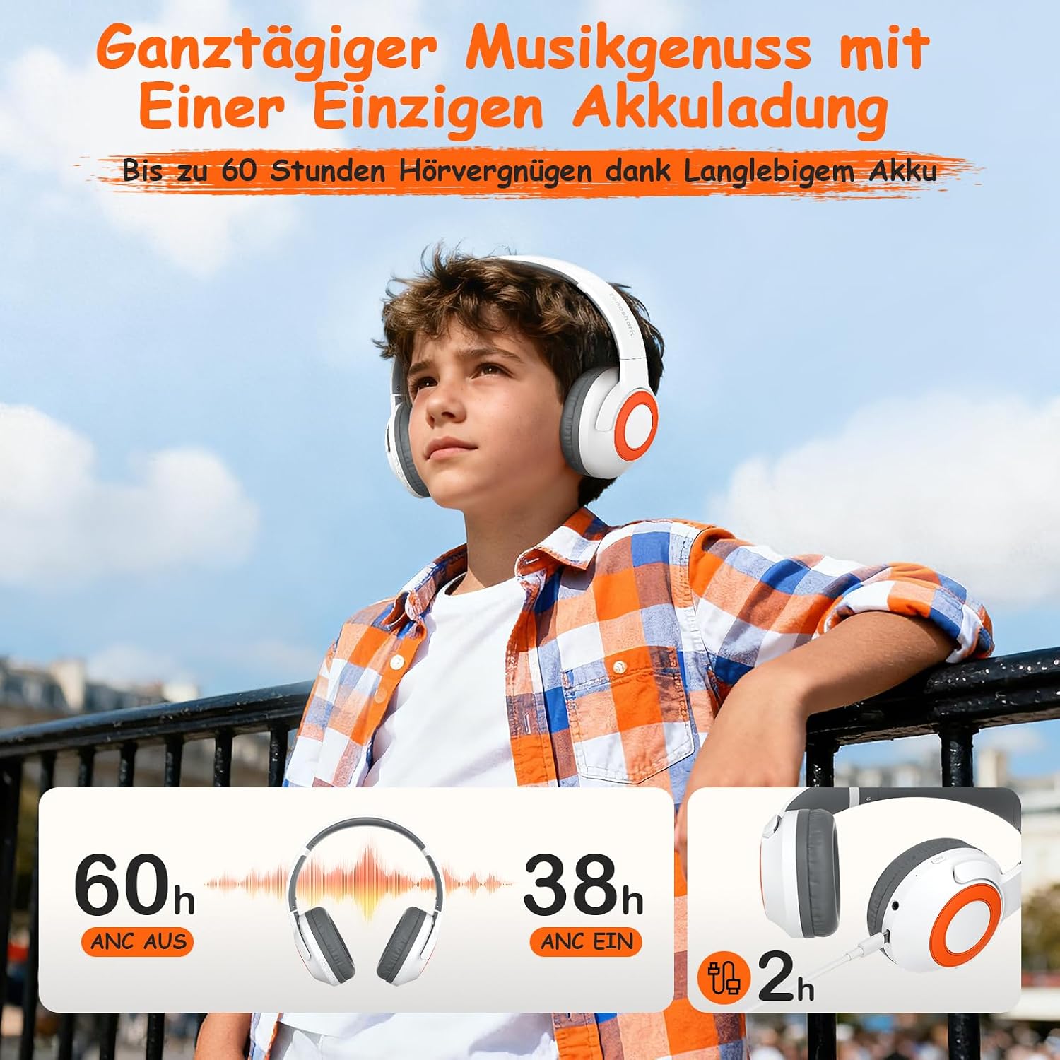 Detalle 2 de TONOSHARK Kinder Bluetooth Kopfhörer mit Noise Cancelling – 60 h Spielzeit, leicht über dem Ohr, inkl. Silikon-Tasche (Weiß)