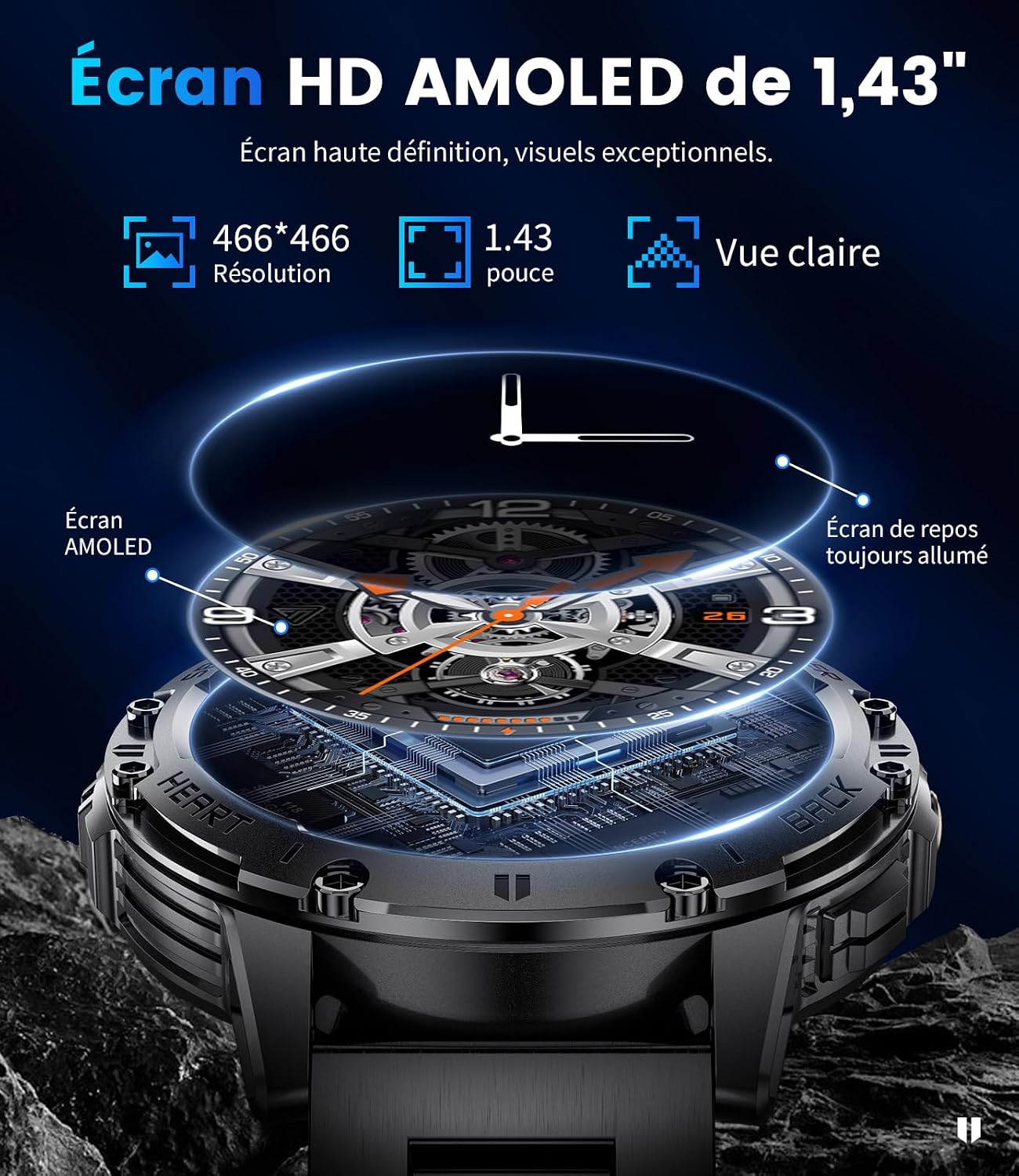 Detalle de Montre Connectée Homme avec Appels Bluetooth et 120+ Modes Sportifs – Écran AMOLED 1,43", IP68