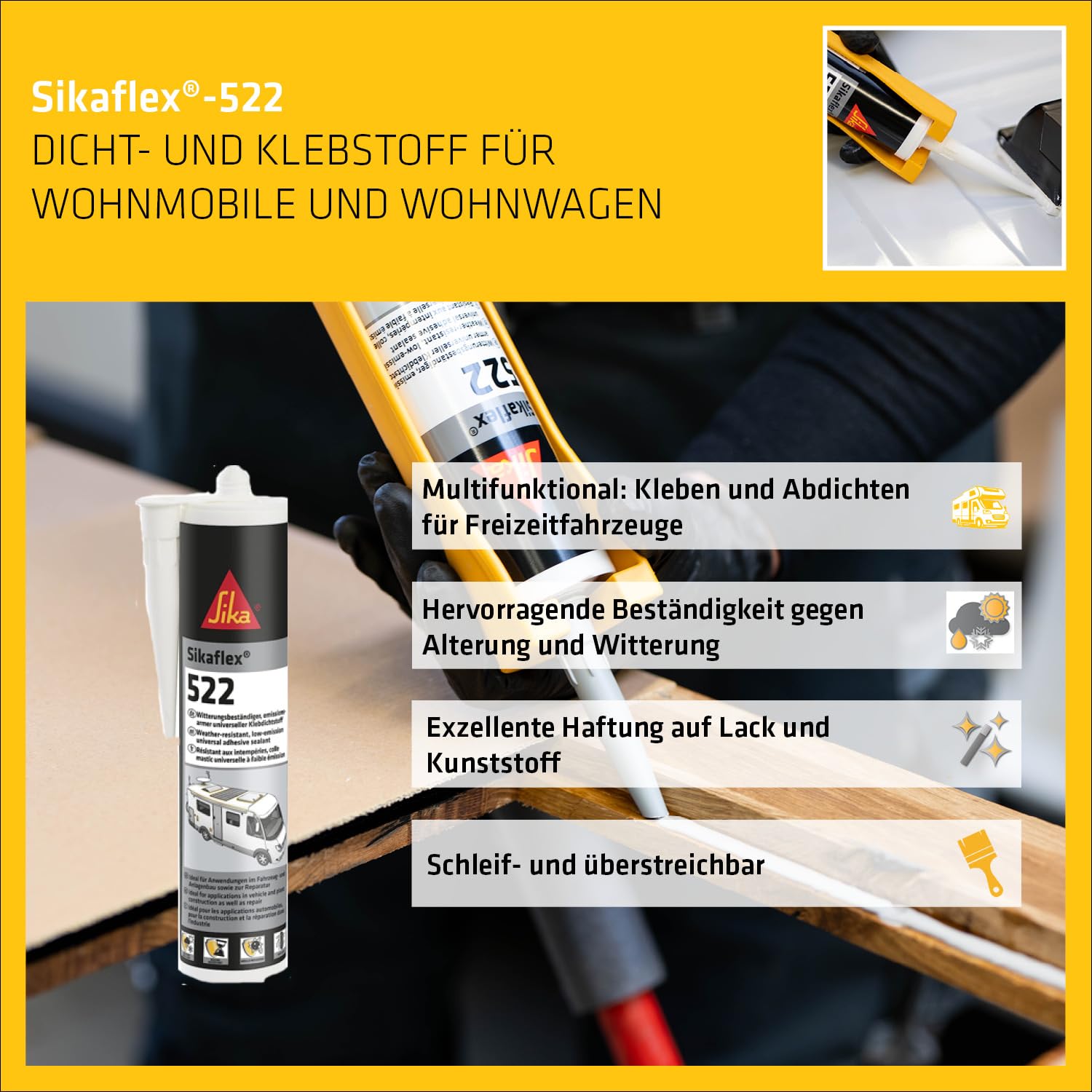 Thumbnail 2 de Sikaflex-522 schwarz – Dichtstoff für Innen & Außen, UV-stabil, schimmelresistent, elastisch (300 ml)