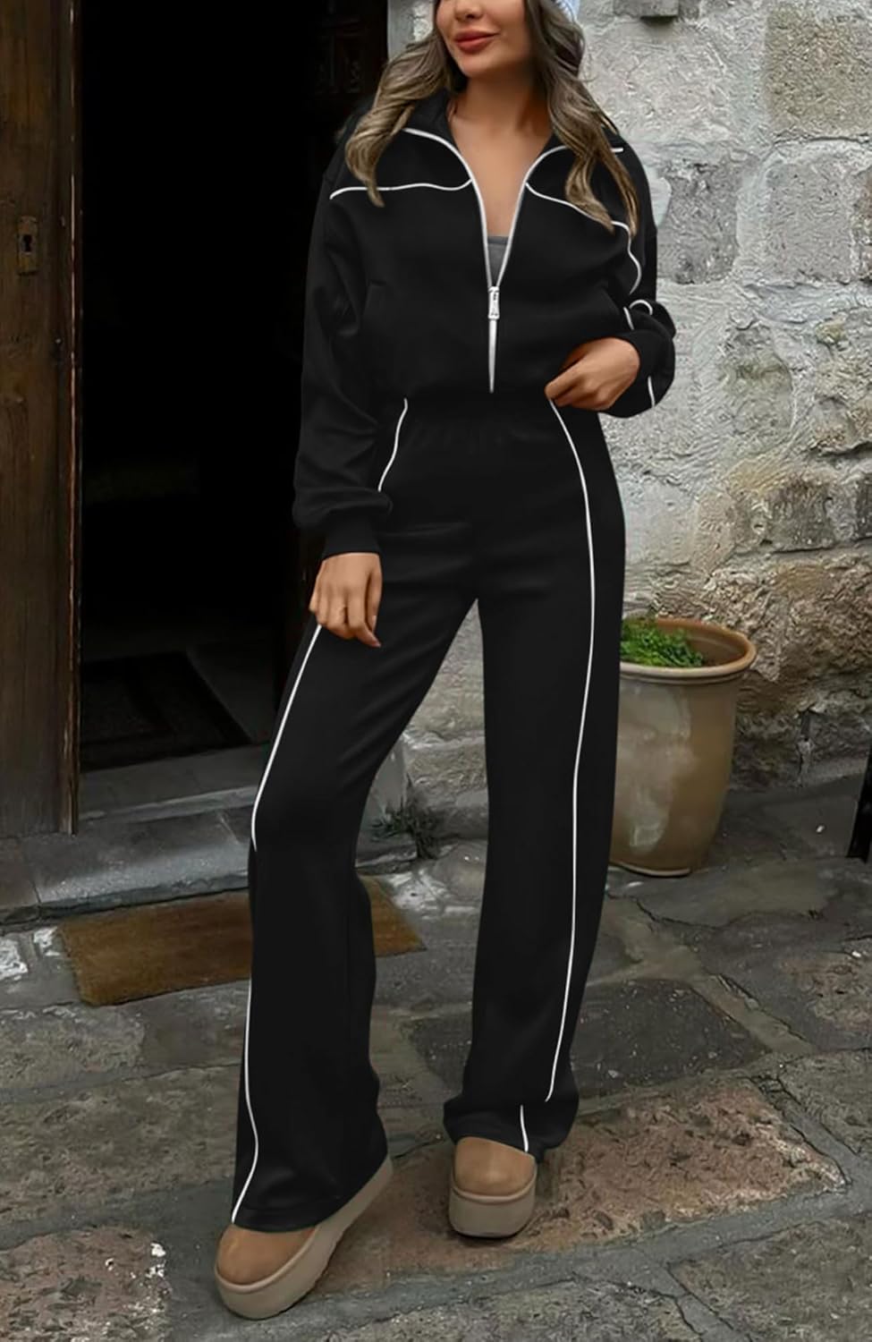 Thumbnail 1 de BTFBM Women’s Two-Piece Tracksuit Set (Zip-Up Sweatshirt + Wide-Leg Jogger Pants)