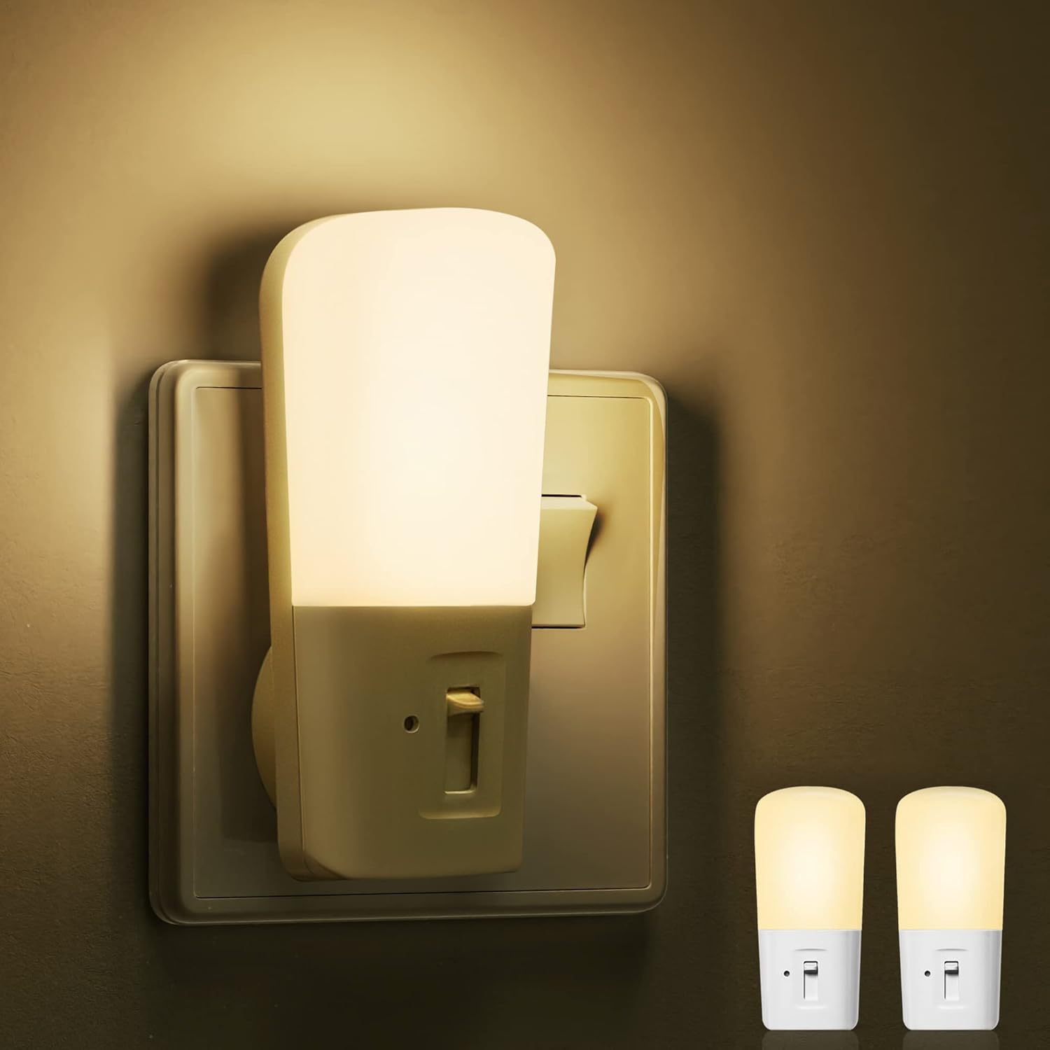 Detalle de LOHAS Dusk to Dawn Plug-in Night Light (2-Pack) – Dimmable Warm White 3000K, 5–80 LM, Auto On/Off