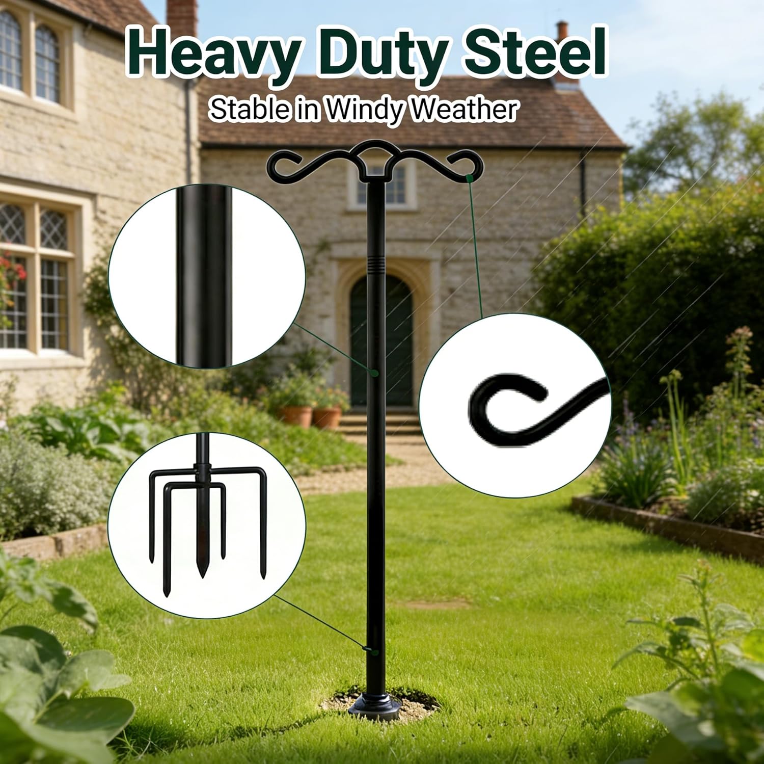 QUZGVEXA bird feeder pole station (233cm) with shepherd’s crook hooks for garden lights and hanging décor