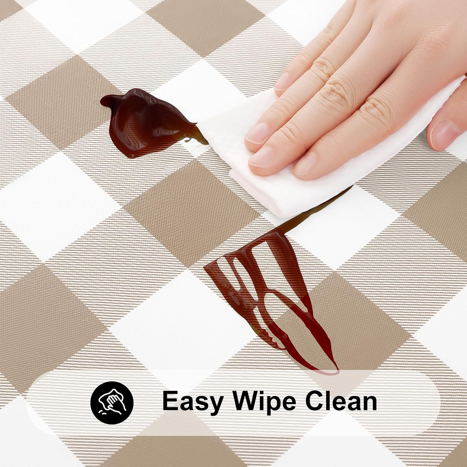 Detalle de Smiry Square Picnic Table Cloth, Elastic Waterproof Fitted Vinyl with Flannel Backing – 54" x 54" (White/Khaki)