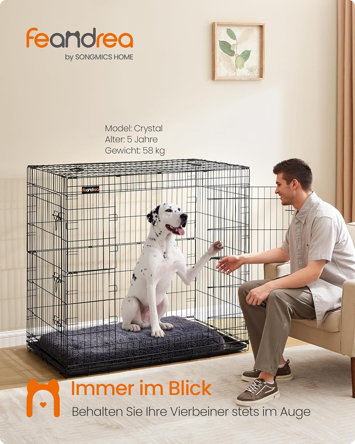 Detalle de Feandrea Hundekäfig klappbar mit 2 Türen und ausziehbarer Kunststoffschale (122 x 74 x 114 cm, XXL) PPD050B01