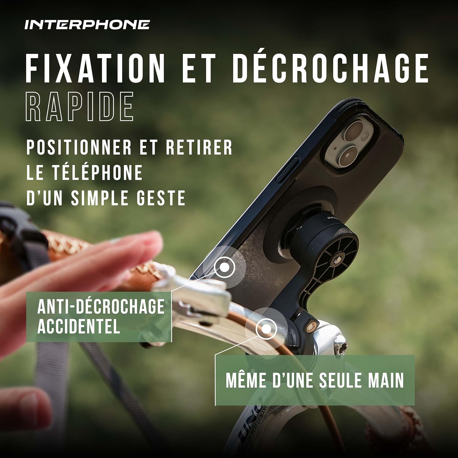 Detalle de Interphone QUIKLOX Support téléphone vélo – Support smartphone fiable pour guidon 22–31,8 mm