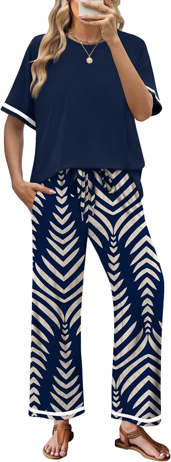 Detalle de Sampeel 2 Piece Sets for Women: Casual Summer Lounge Set with Short Sleeve Top and Wide-Leg Pants