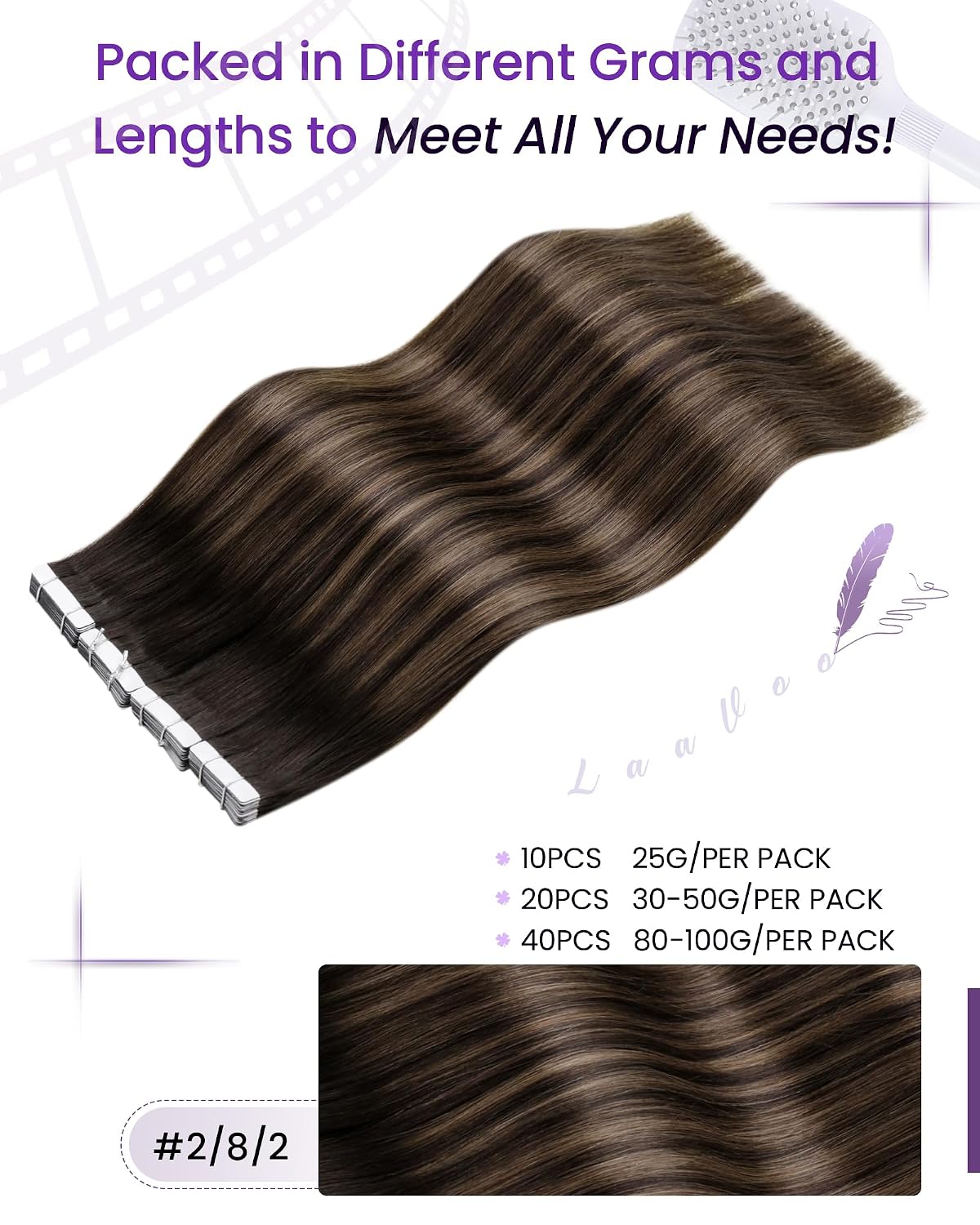 Detalle de LaaVoo Tape-in Echthaar Extensions 55 cm, 100 g Ombre #2/8/2 (40 Strähnen)