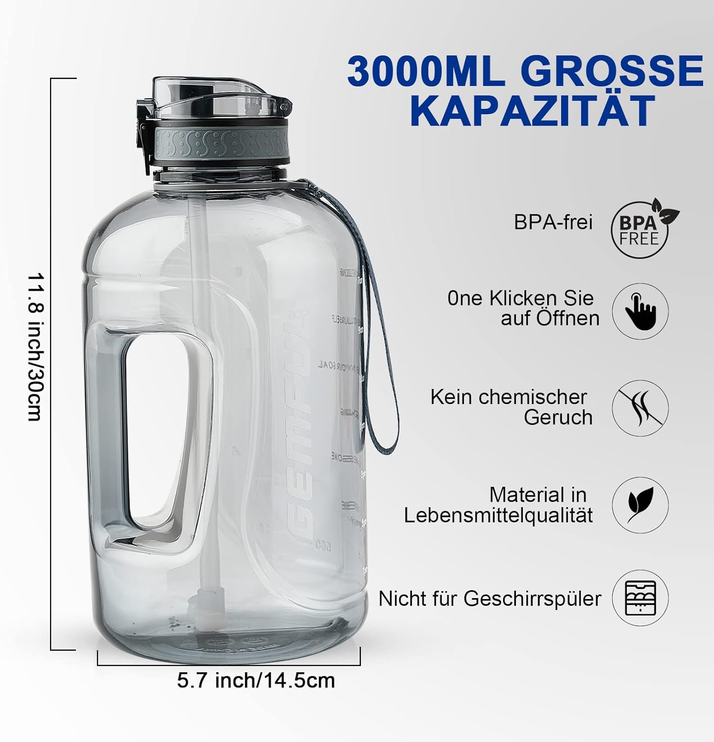 Thumbnail 2 de GEMFUL 3L Sport-Trinkflasche mit Zeitmarkierung, Strohhalm & Tragegriff (BPA-frei) – grau