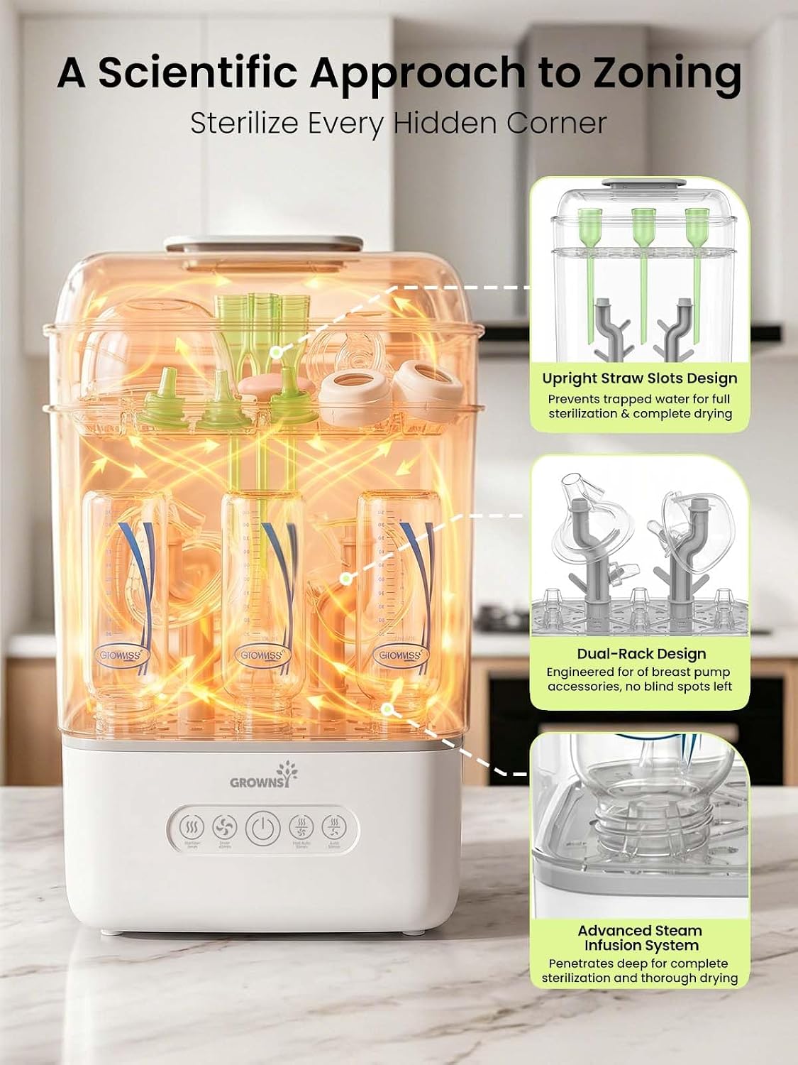Detalle de GROWNSY 3-Tier Baby Bottle Sterilizer and Dryer with Travel Kit