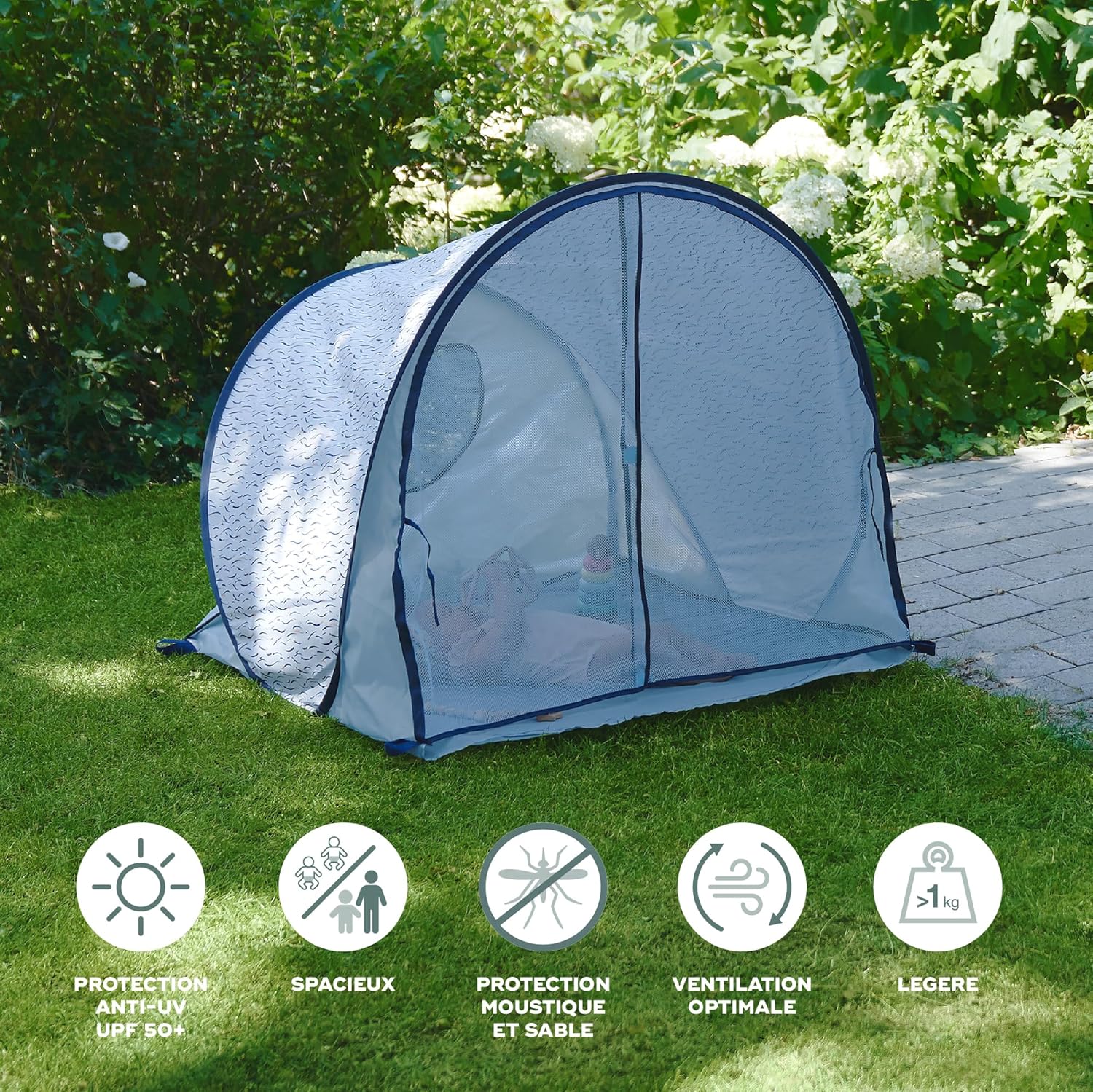 Detalle de Babymoov Tente Anti-UV Bébé Haute Protection FPS 50+ avec moustiquaire intégrée (pop-up) – Grande tente de plage Blue Waves