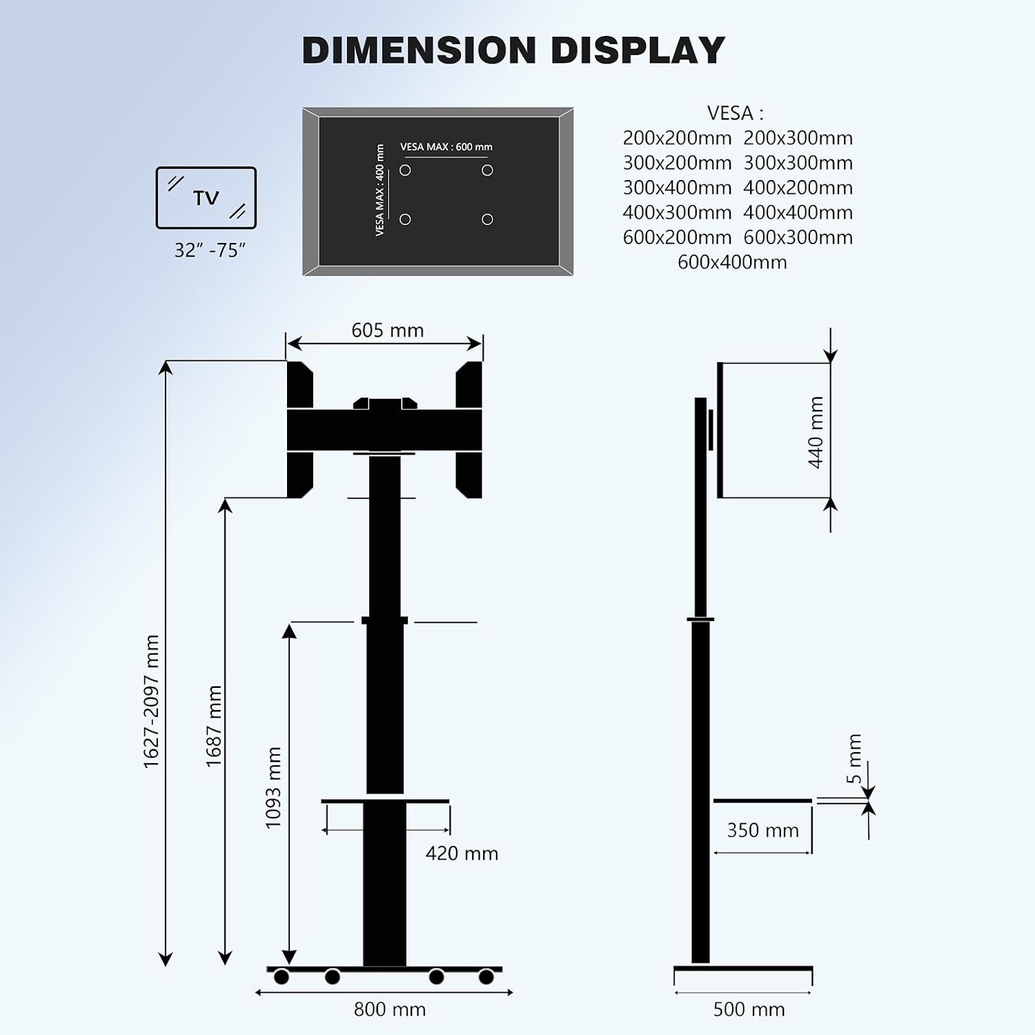 Detalle 2 de XTRARM Proton 300: Supporto TV mobile con ripiano e prese, per schermi 32–75 pollici (fino a 40 kg) in alluminio nero