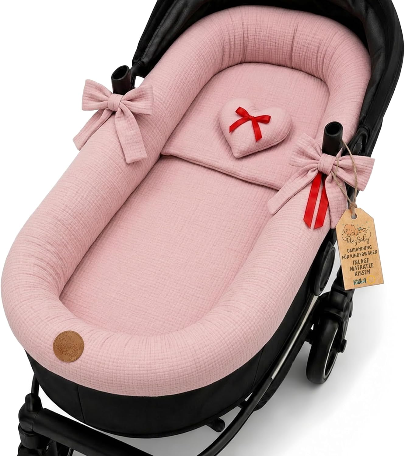 Detalle de Set 3 pezzi per passeggino in mussola neonato – inserto navicella rosa (coprimaterasso, cuscino e inserto 72x32 cm)