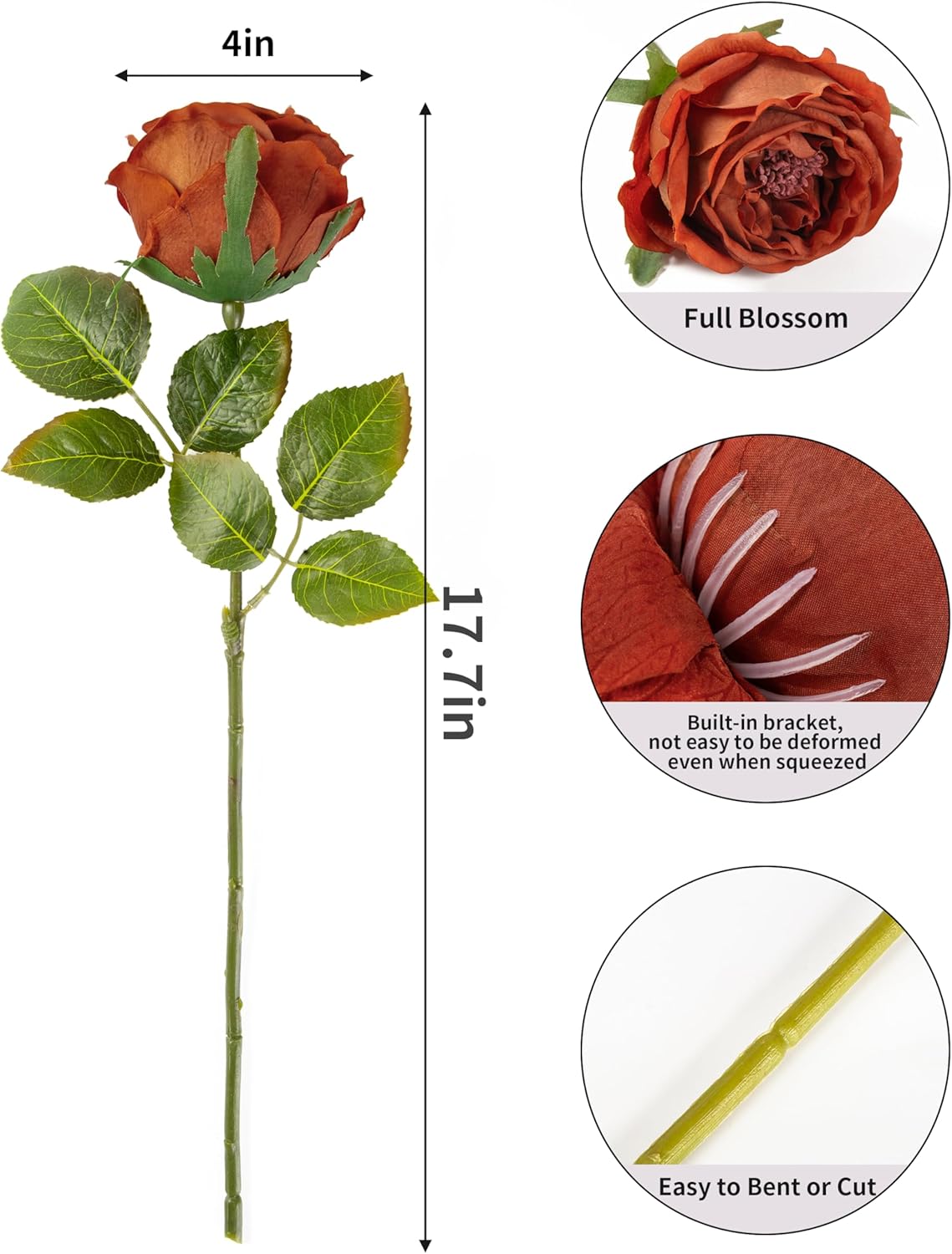 Thumbnail 1 de DuHouse 5 silk roses with real-touch petals (burnt orange) for wedding, home and DIY arrangements