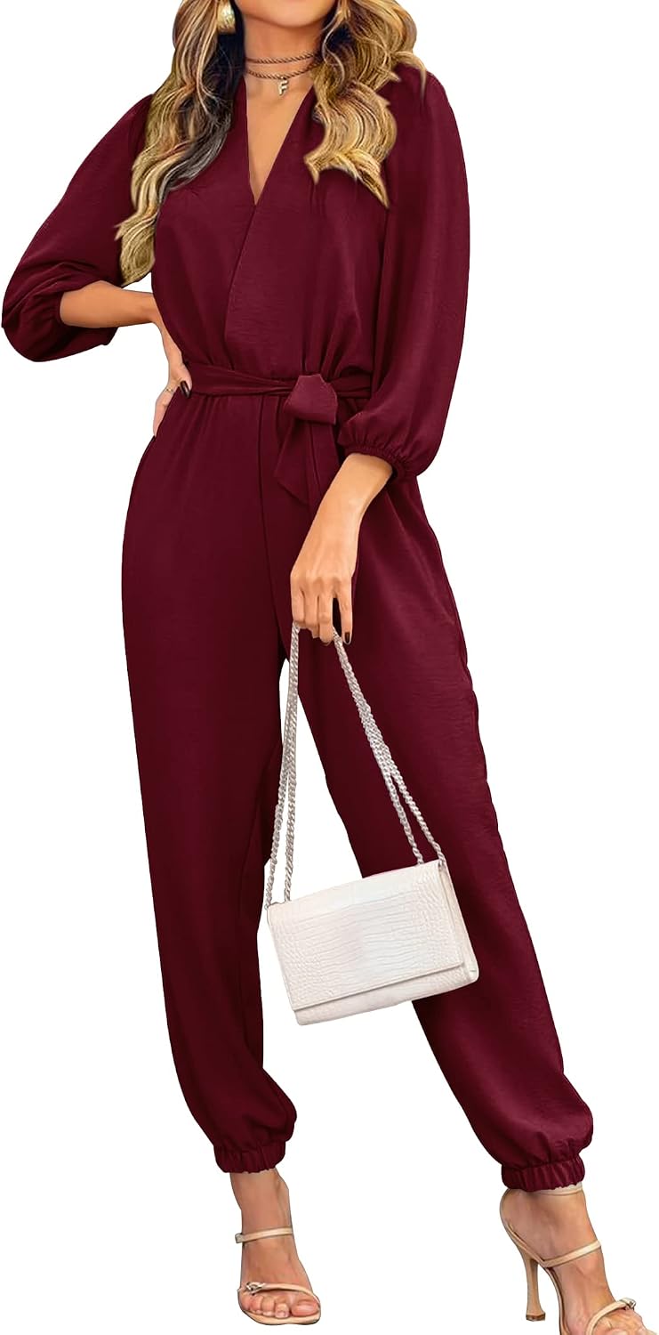 Detalle de PRETTYGARDEN Women’s Long Sleeve V-Neck Jumpsuit Romper with Belt and Pockets