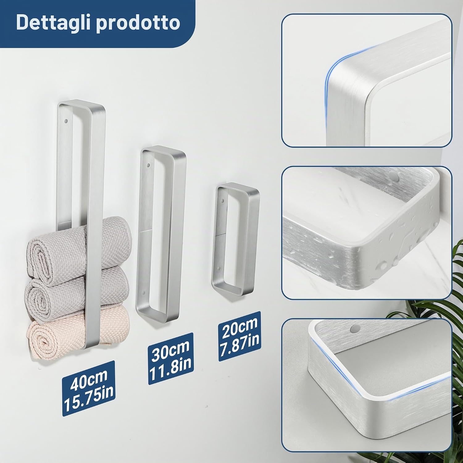 Detalle 2 de SAYAYO Porta Asciugamani Bagno Adesivo 20 cm in Argento — Portasalviette da Parete in Alluminio