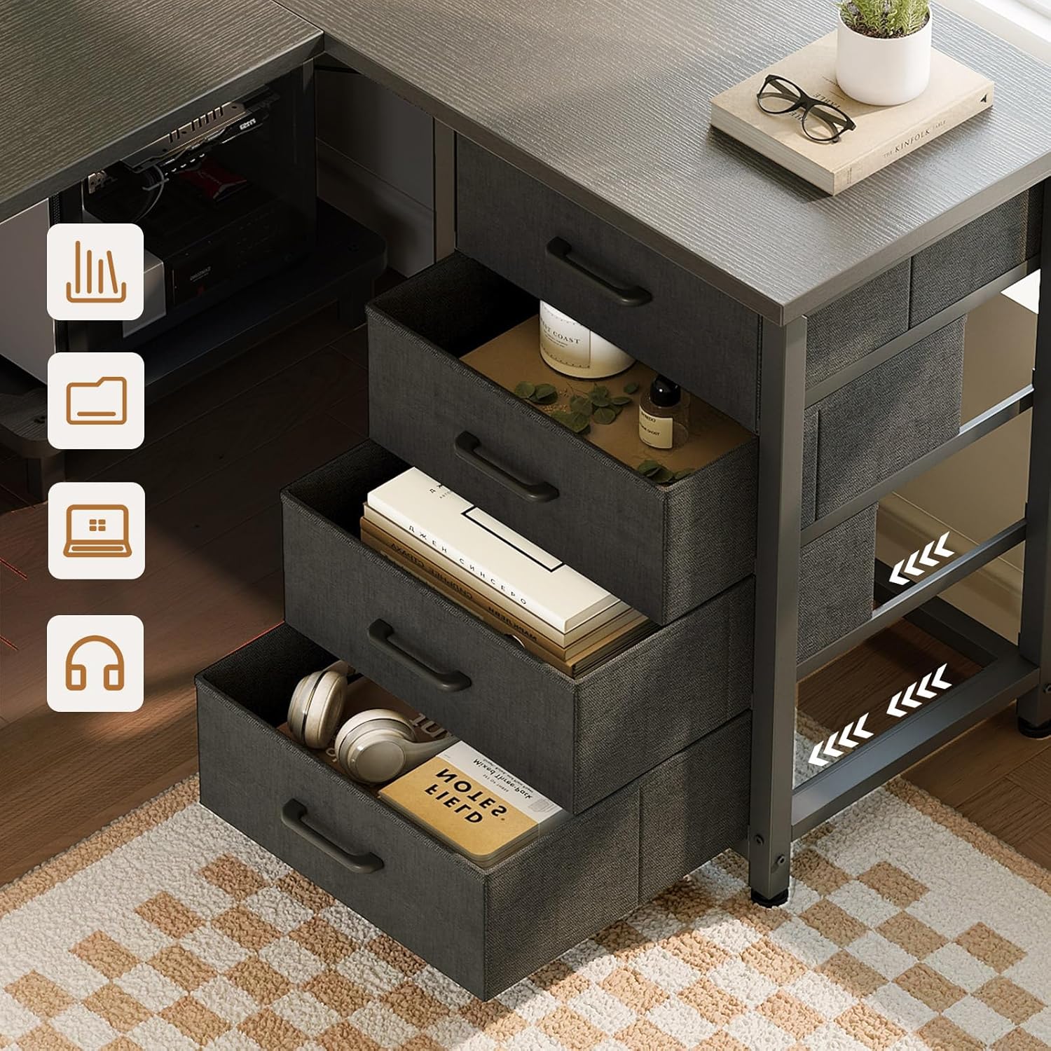 Detalle de ODK Eckschreibtisch mit 4 Schubladen – L-Form 135×100 cm, integrierte Steckdose & USB-Ladeanschluss, reversibel, Schwarz