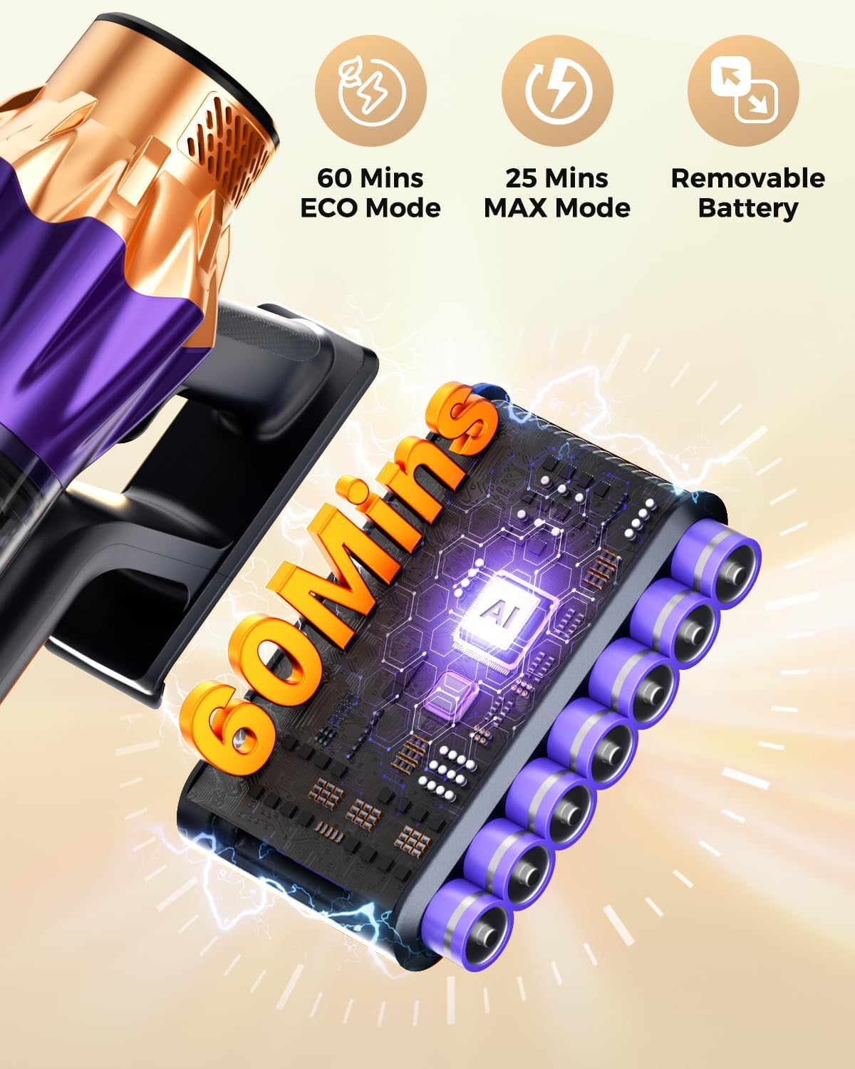 Detalle 2 de Cordless Vacuum Cleaner for Home: 600W Power, 50KPa Suction, 60-Minute Runtime