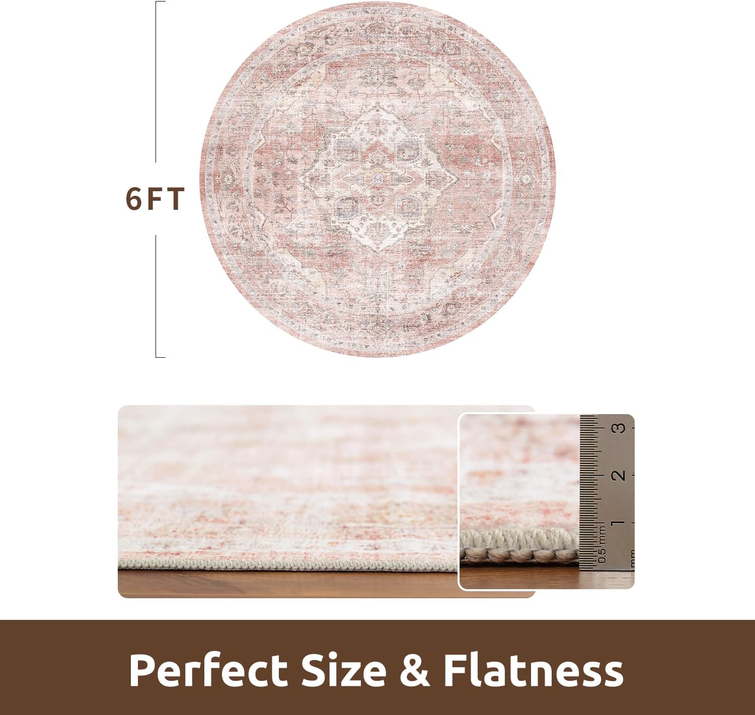 Thumbnail 4 de AMOAMI 6FT Round Vintage Soft Pink Rug — Non-Slip, Machine Washable