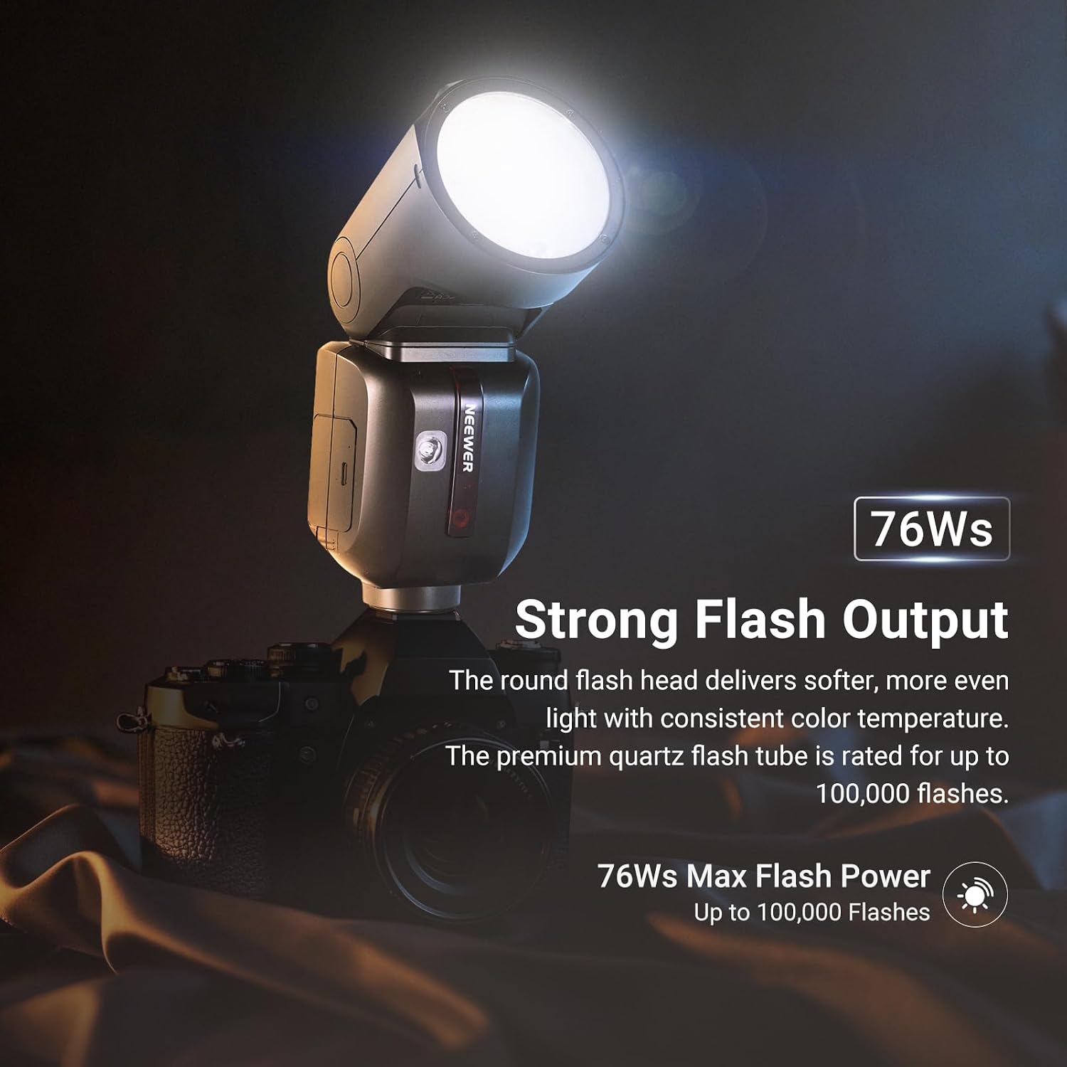 Detalle 2 de NEEWER Z2PRO-F 2,4G TTL Rundkopf Speedlite für Fujifilm – 76W, HSS bis 1/8000s, Funksteuerung
