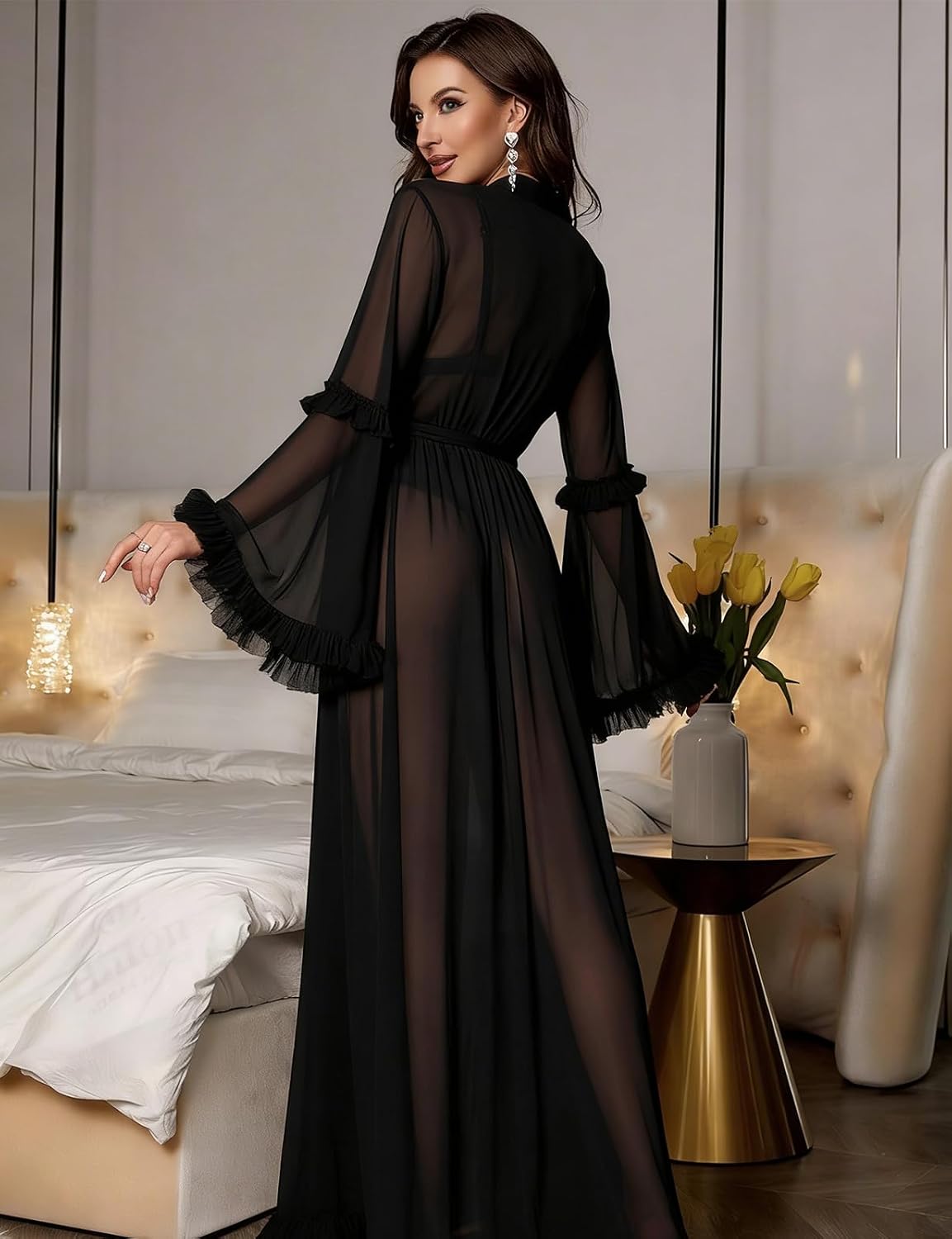 Detalle de Awinclo Womens Ruffle Trim Long Sleeve Belted Sheer Mesh Wedding Bride Robe Nightgown