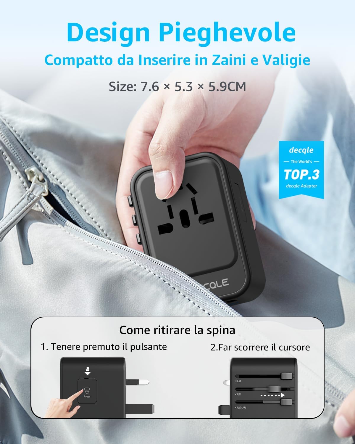 Detalle de Decqle Adattatore Universale da Viaggio con 2 USB-C, 1 USB-A e 1 presa AC, 224+ paesi
