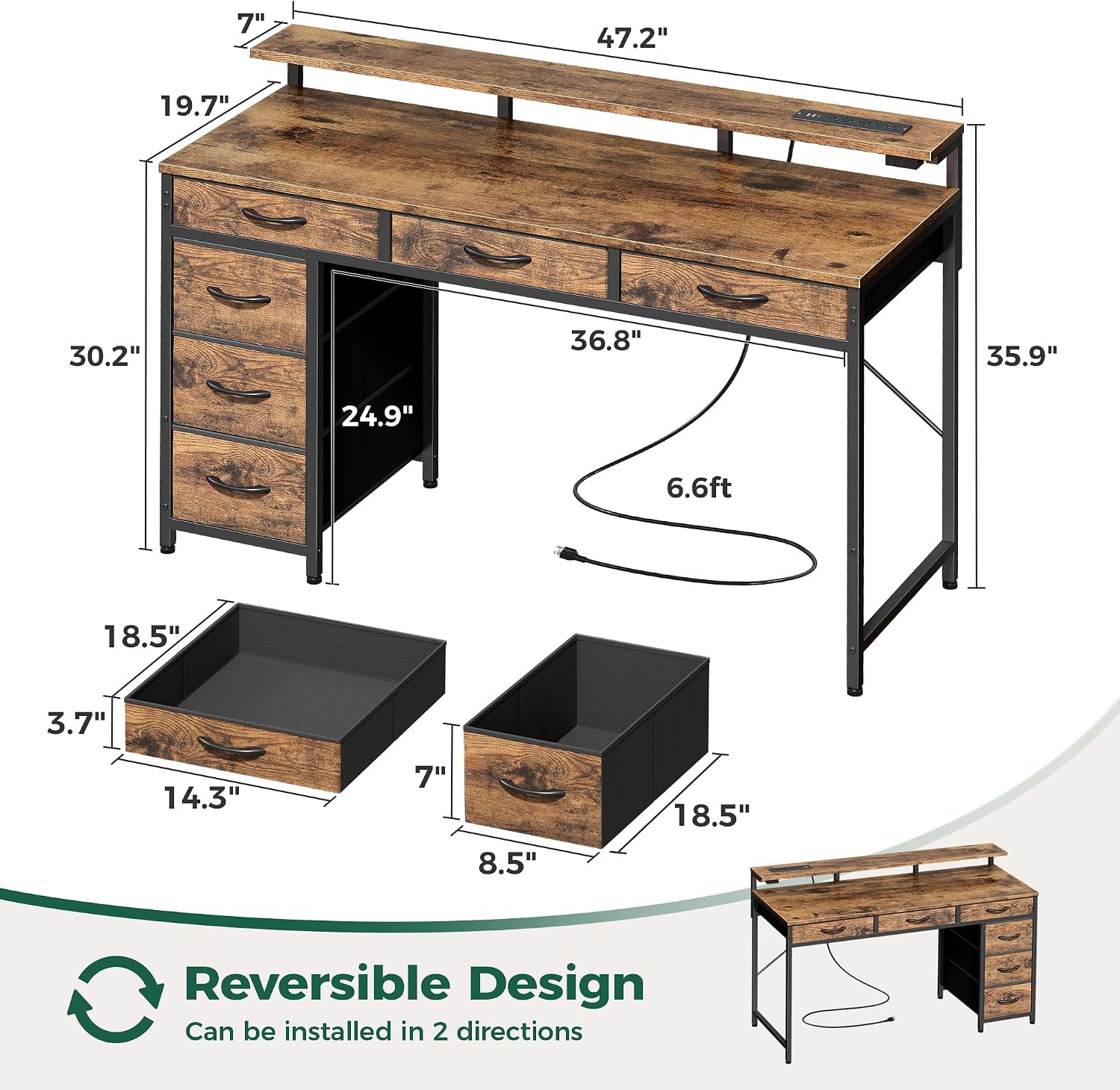 Detalle de Huuger 7990FC Gaming Desk with 6 Drawers, RGB Lighting and Power Outlets