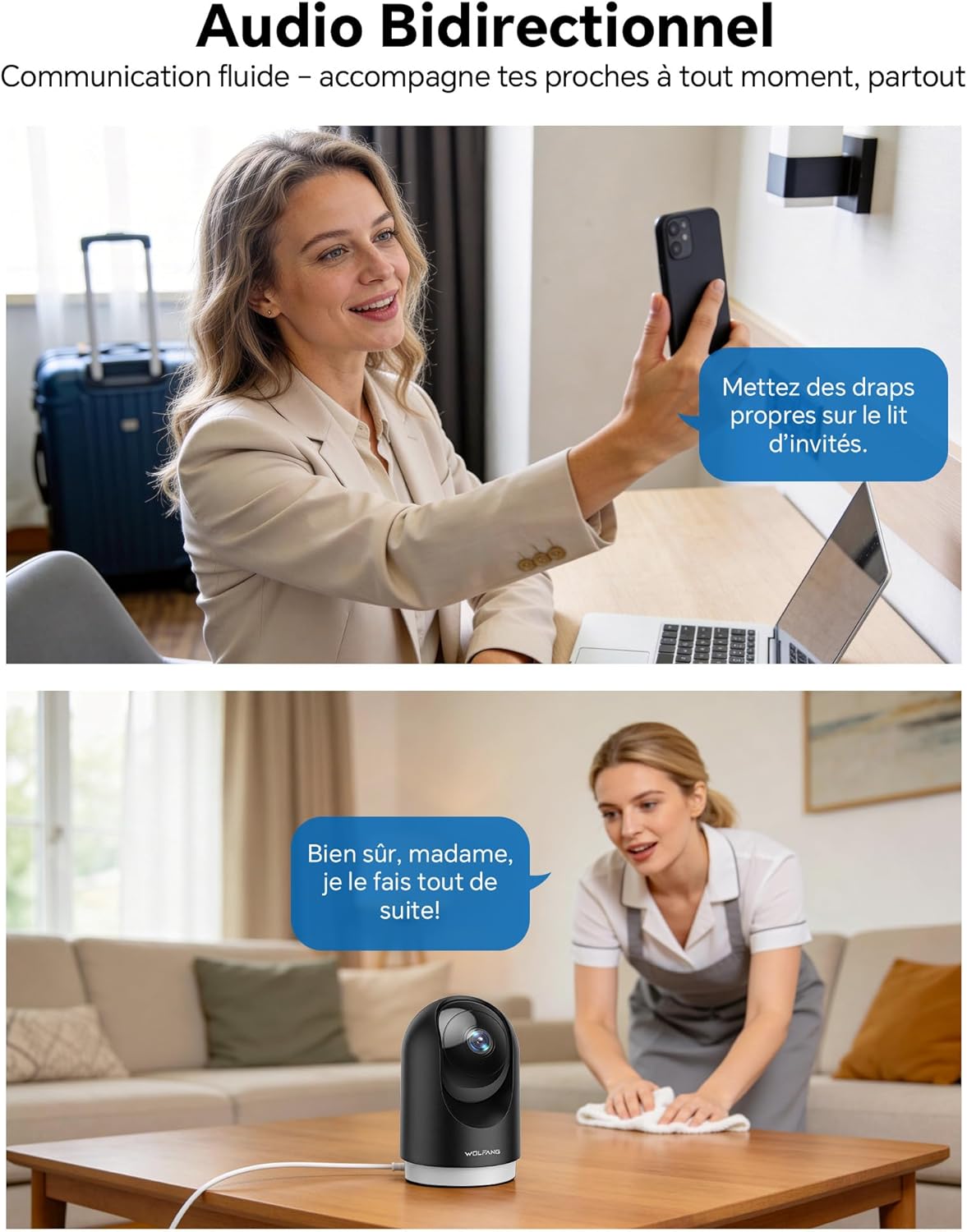 Detalle de WOLFANG Camera Interieur 2K WiFi – Lot de 2, PTZ 360° avec Suivi Automatique et Audio Bidirectionnel
