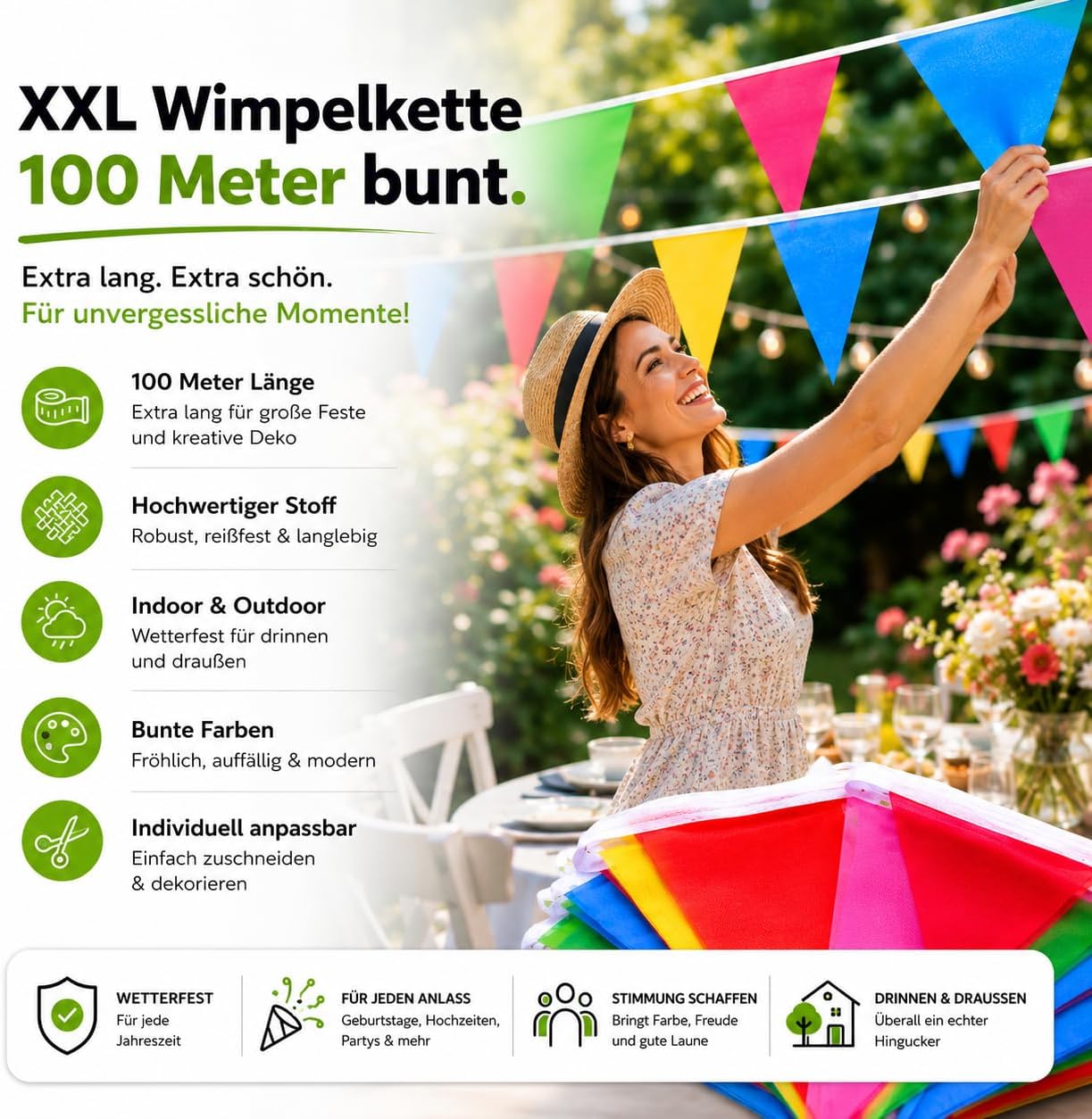 Detalle de XXL Wimpelkette Stoff 100 Meter bunt – Girlande & Banner für Indoor und Outdoor Deko