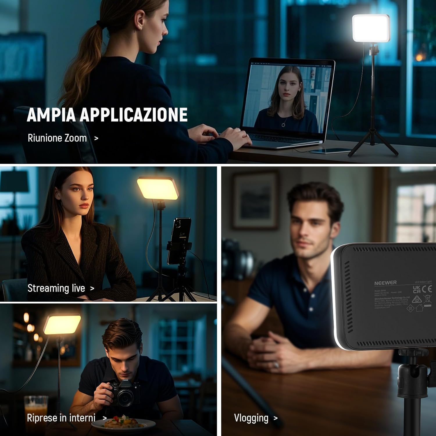 Thumbnail 6 de NEEWER BASICS BP66 kit luce video a pannello LED da scrivania (3 pezzi) con treppiedi tavolo, filtri bicolore e supporto regolabile