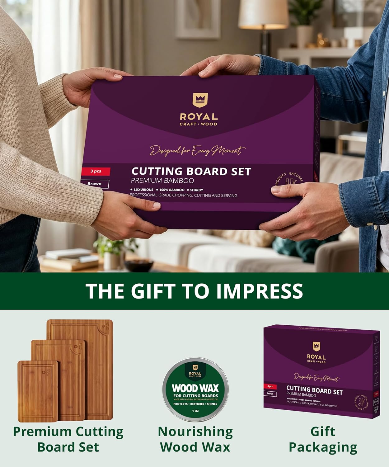 Detalle 2 de ROYAL CRAFT WOOD Bamboo Cutting Board Set 3 🍽