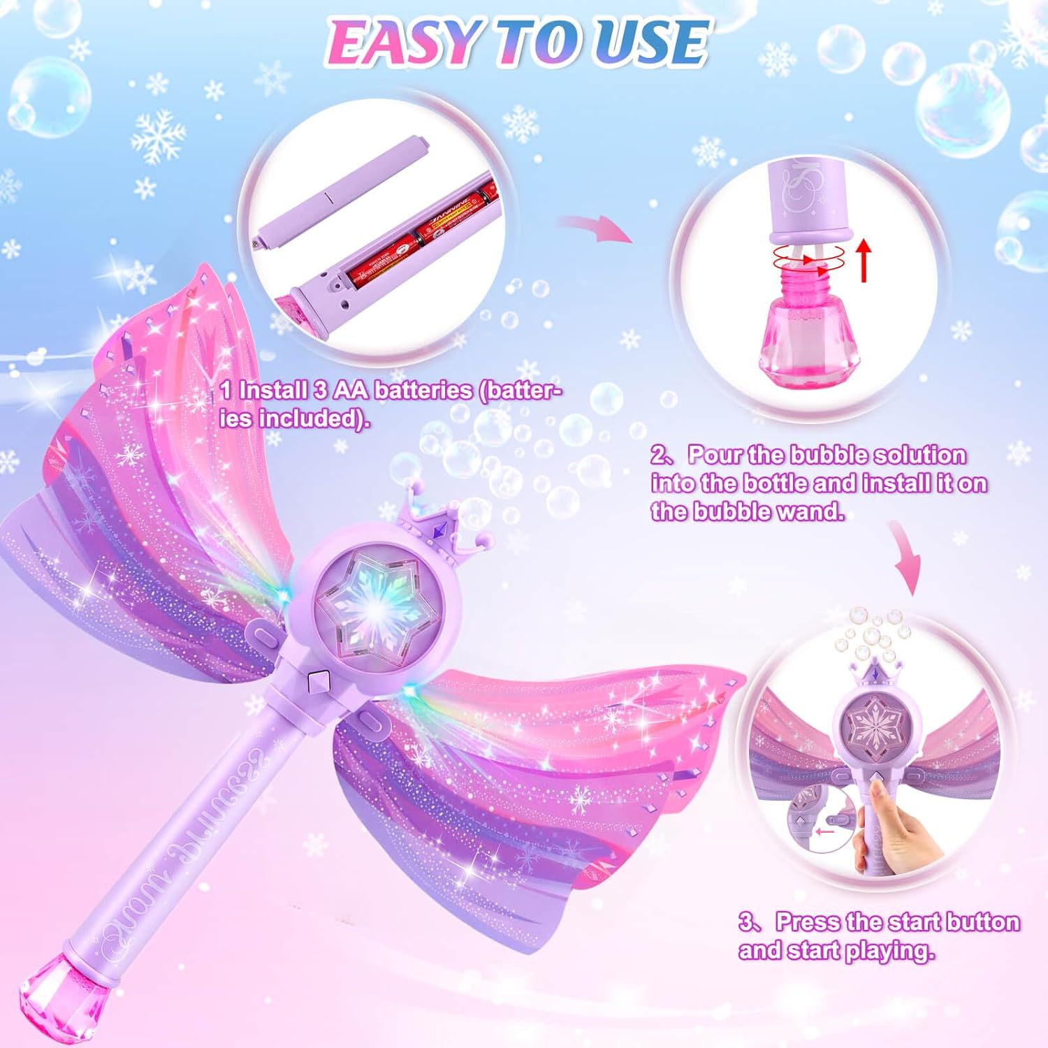 Detalle de Britik Bubble Wands for Kids Girls LED Light & Music Bubble Machine (Purple) — Battery-Powered Outdoor Toy