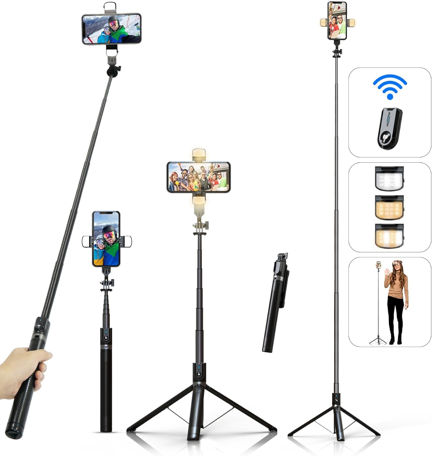Detalle de Perche à Selfie Trépied ASHINER – 180 cm, télécommande et LED pour vos vlogs et photos