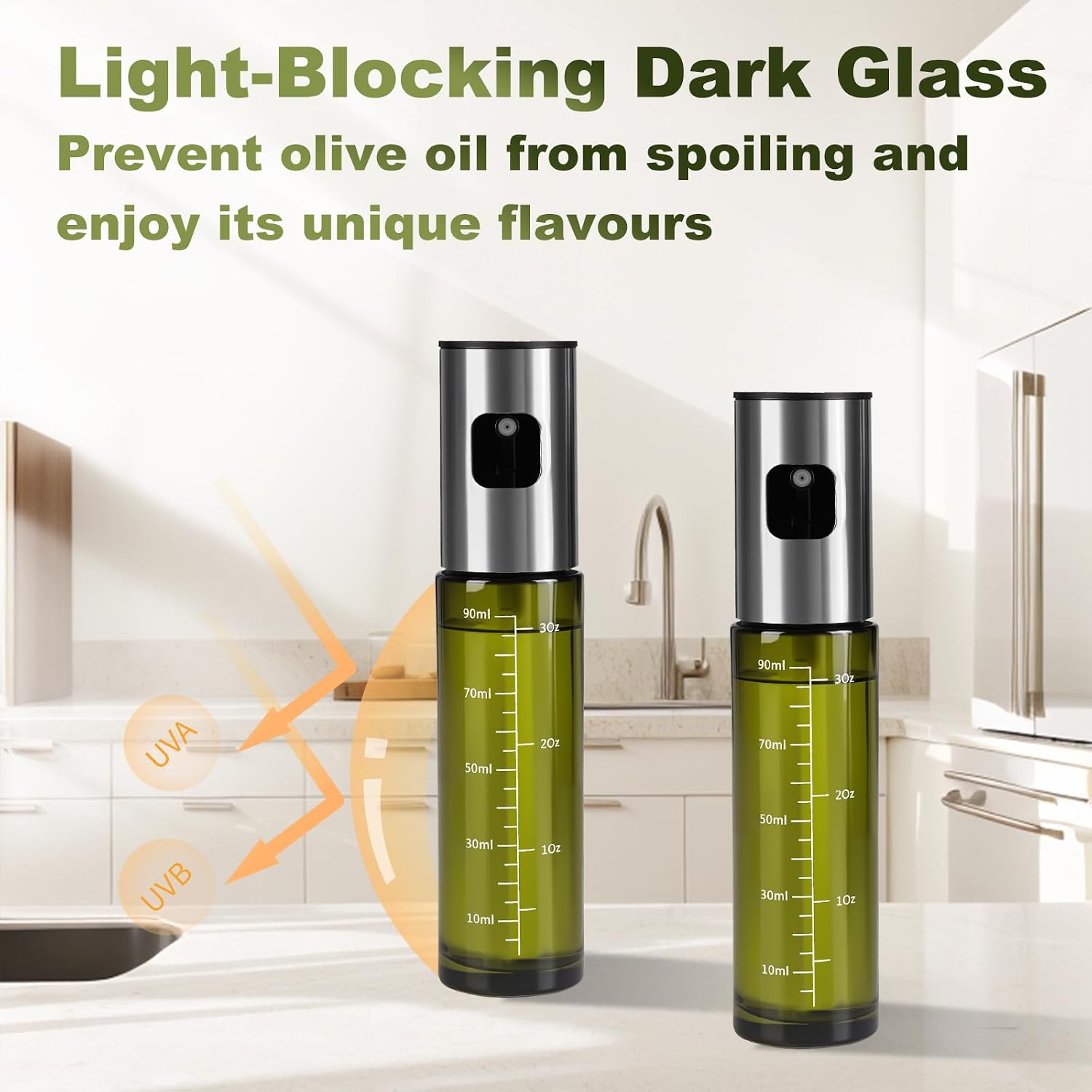 Detalle de Byitin 2PCS Oil Spray Bottle 100ML – Green UV Protected Glass with Large Stainless Funnel