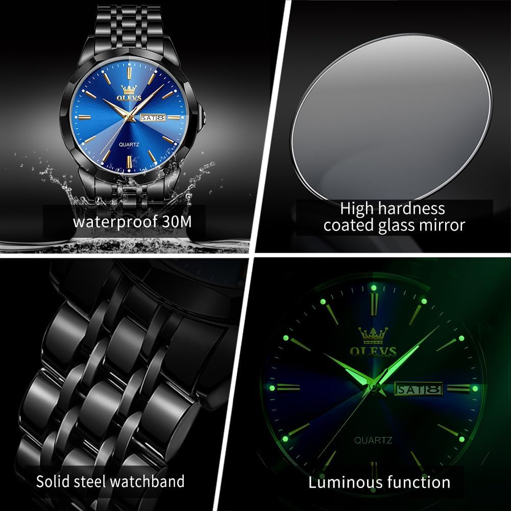 Detalle de OLEVS Herrenuhren Skelettuhr Quarz – Edelstahl, Diamantindexe, Leuchtzeiger, 41 mm