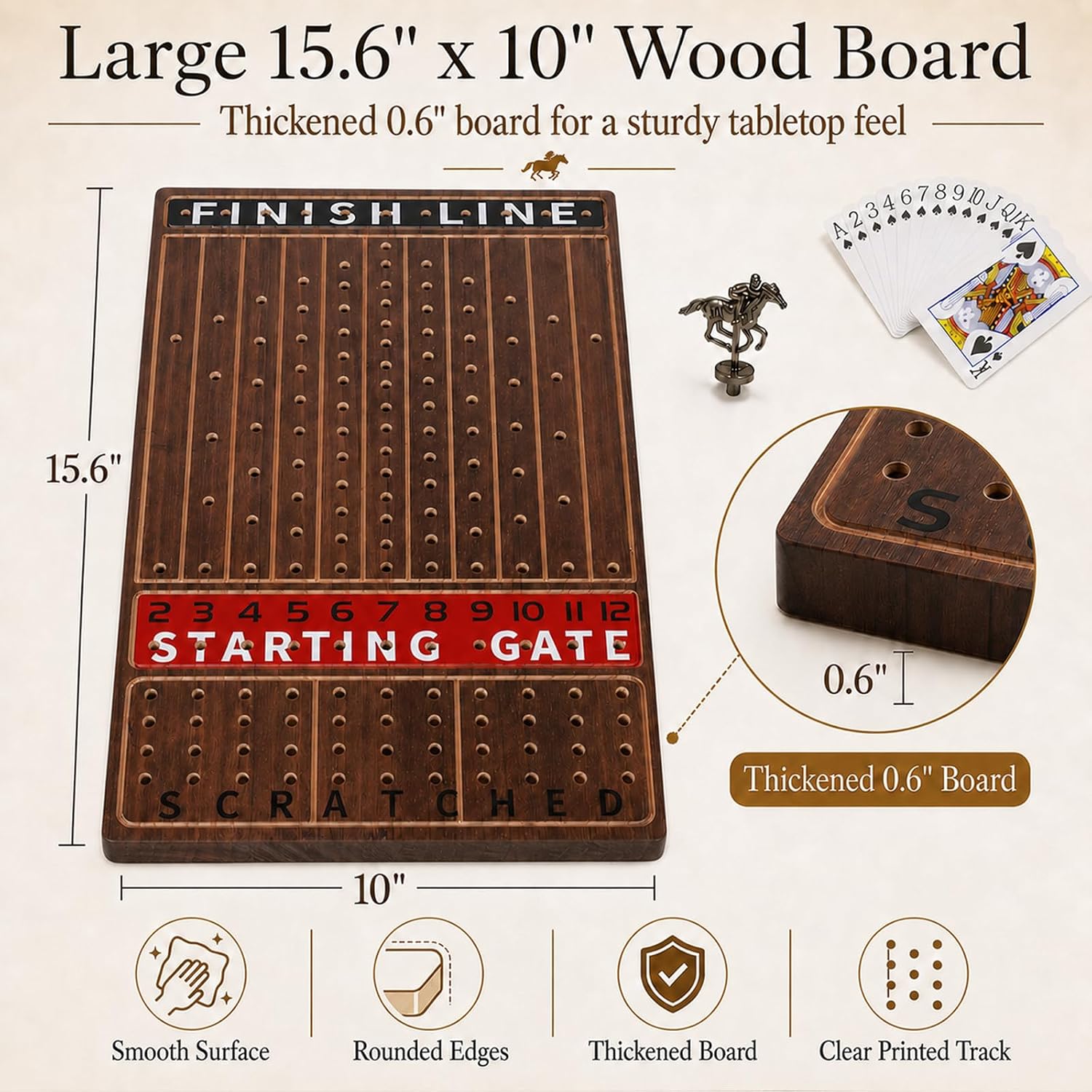 Thumbnail 2 de Jyquorp Horse Race Board Game (Rustic Brown) with 11 Metal Horses, 2 Dice, and Card Boxes