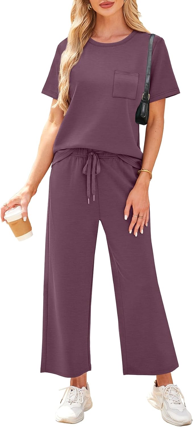 Thumbnail 1 de WIHOLL Women’s 2-Piece Casual Summer Lounge Set (Short Sleeve + Wide-Leg Crop Pants)