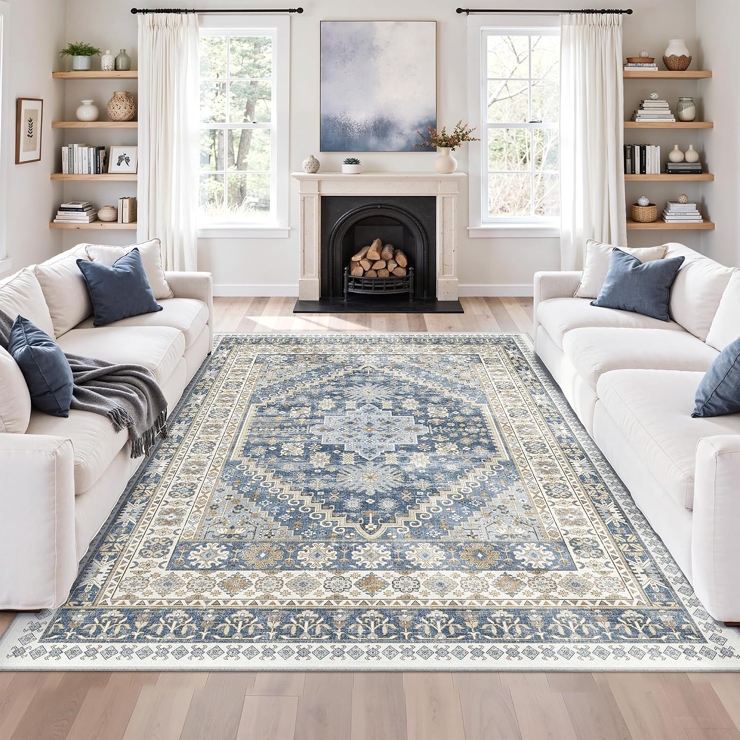 Detalle de zesthome 8' x 10' Washable Area Rug, Low-Pile Microfiber, Blue/Beige