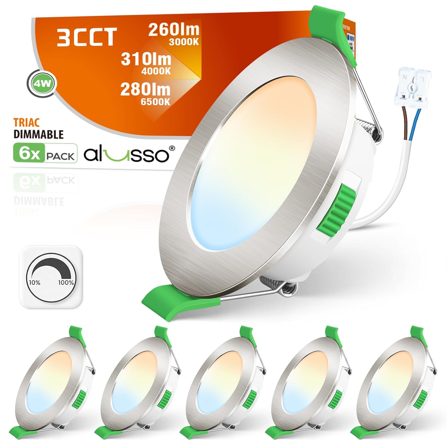 Detalle de ALUSSO LED Einbaustrahler 230V IP44, 4 W dimmbar – 6er Set (Lochmaß 55–68 mm), 3 Farbtemperaturen