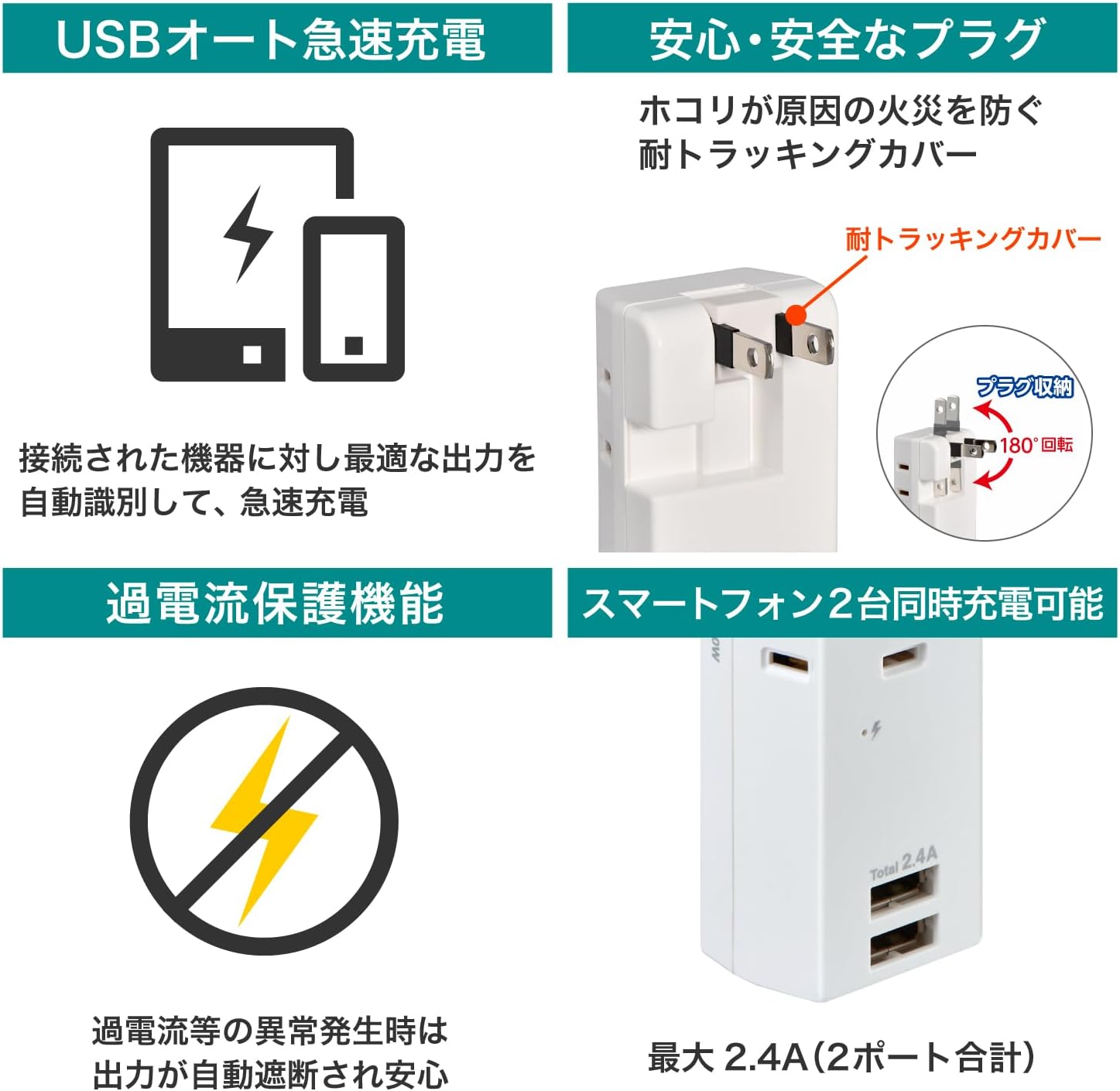 Detalle 1 de エルパ UA-322SB 電源タップ 3個口・USB 2ポート、合計2.4A、回転式差込口、2mコード