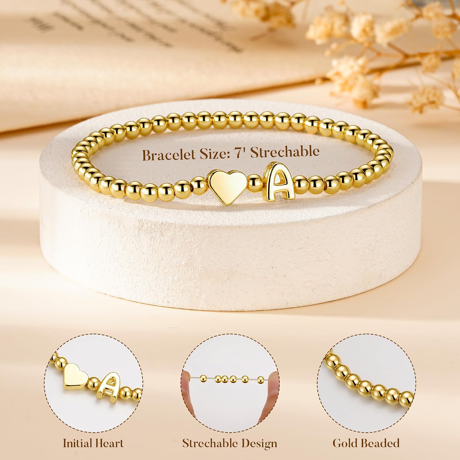 Detalle de TINGN Armband Damen Gold mit Herz – Initialen-Doppelperlenarmband, 14K Vergoldet, 17,5 cm